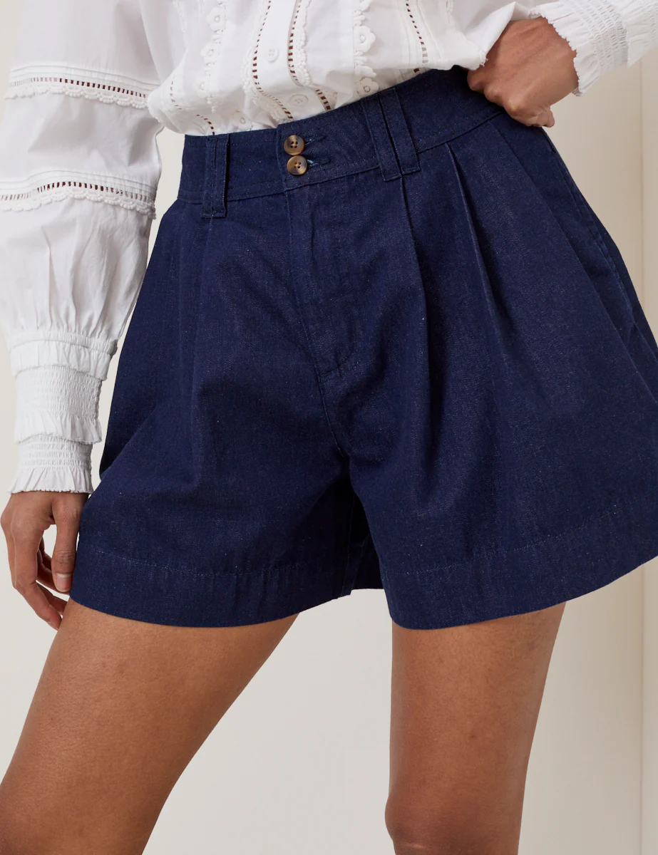 Dark Blue Pleated High Waisted Shorts - Image 2