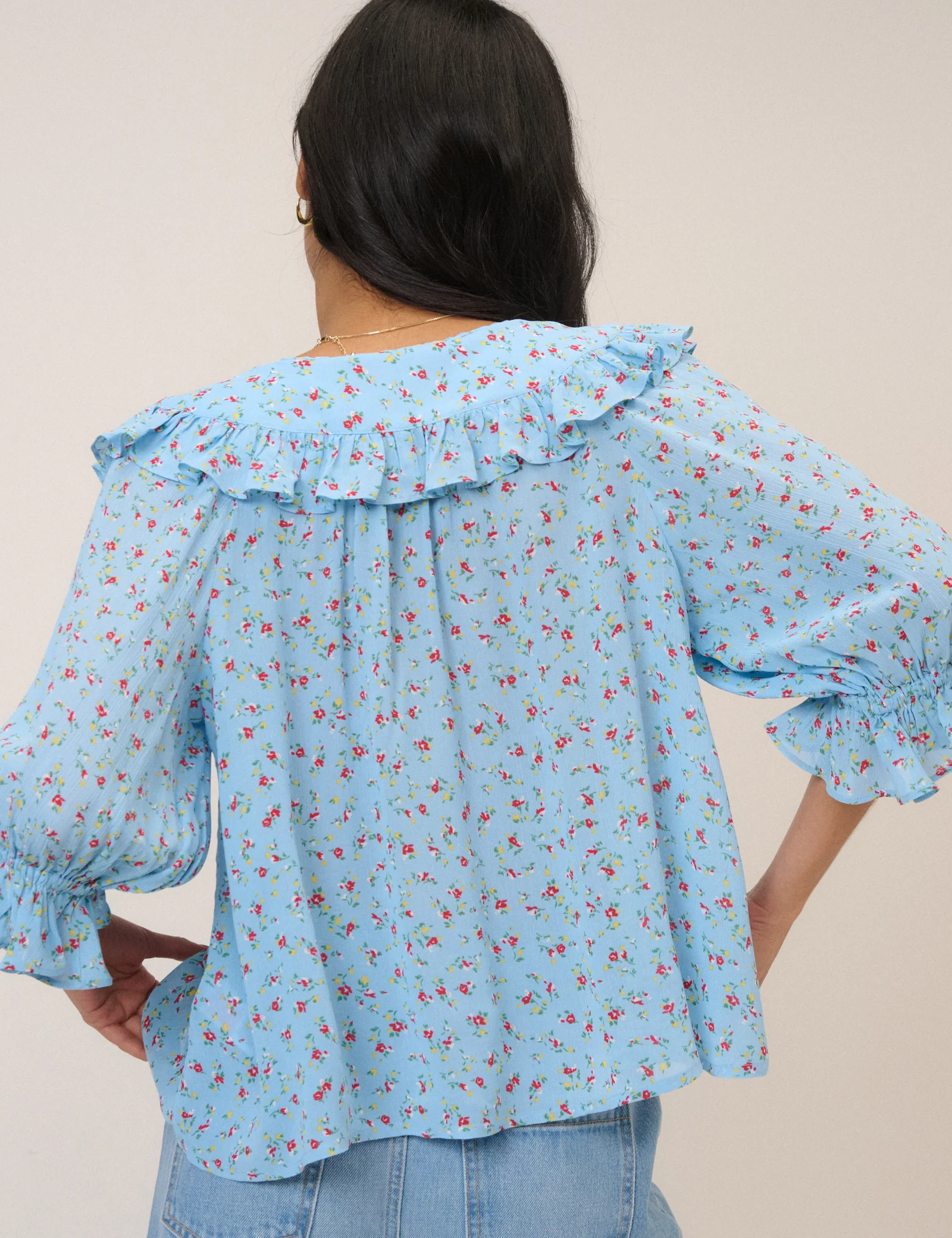 Blue Floral Frill Blouse - Image 6