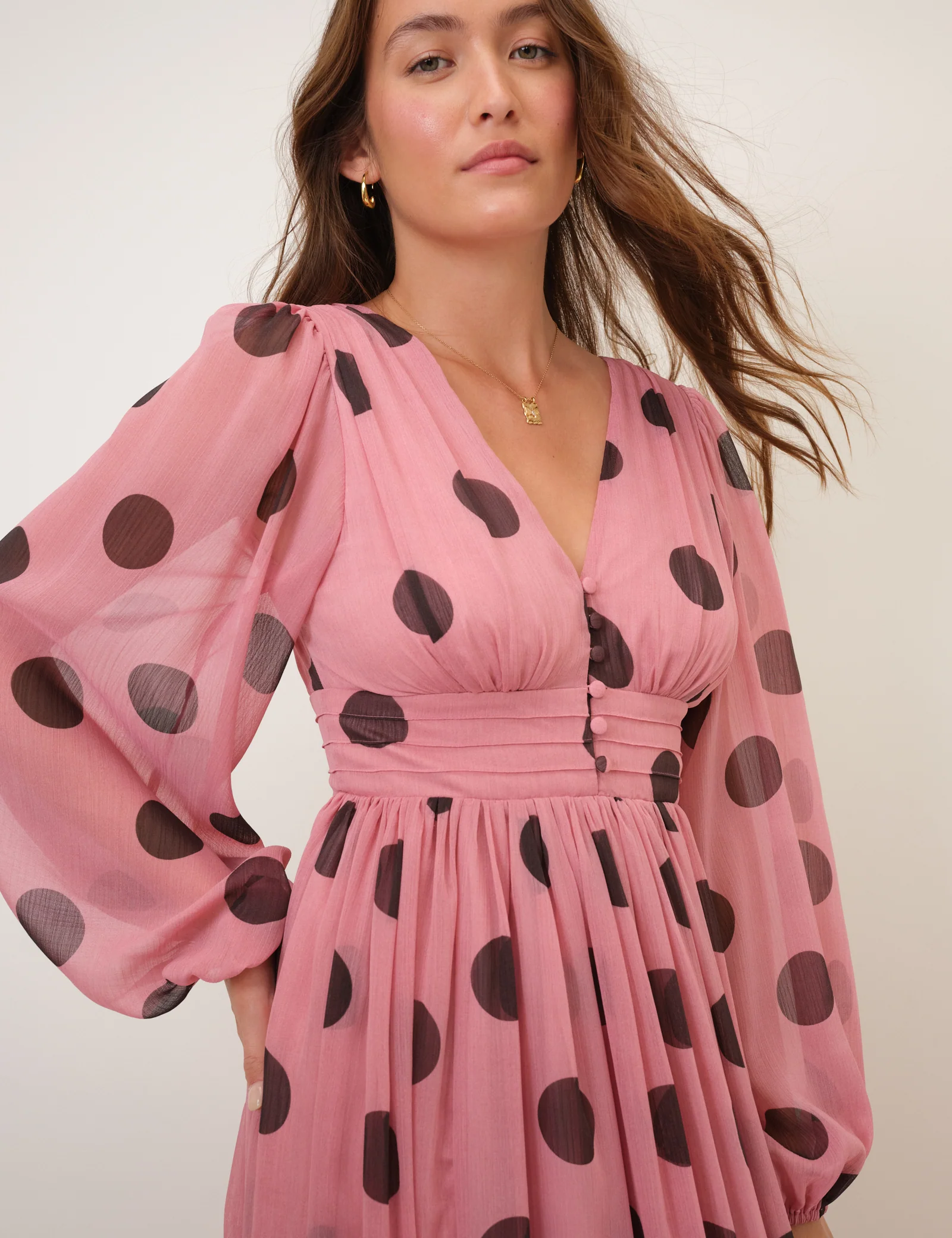 Pink Polka Dot Balloon Sleeve Anya Midi Dress - Image 2