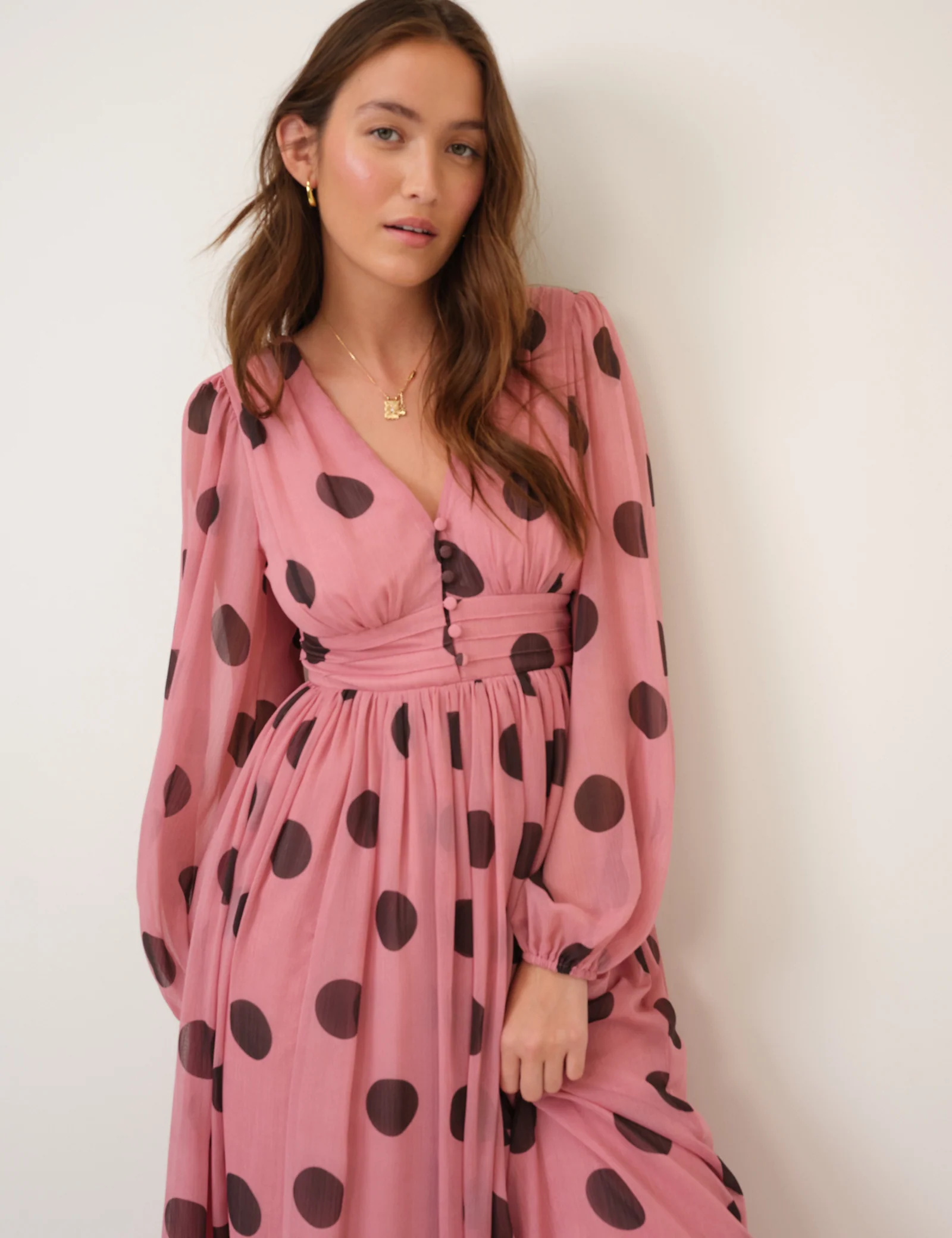 Pink Polka Dot Balloon Sleeve Anya Midi Dress - Image 4