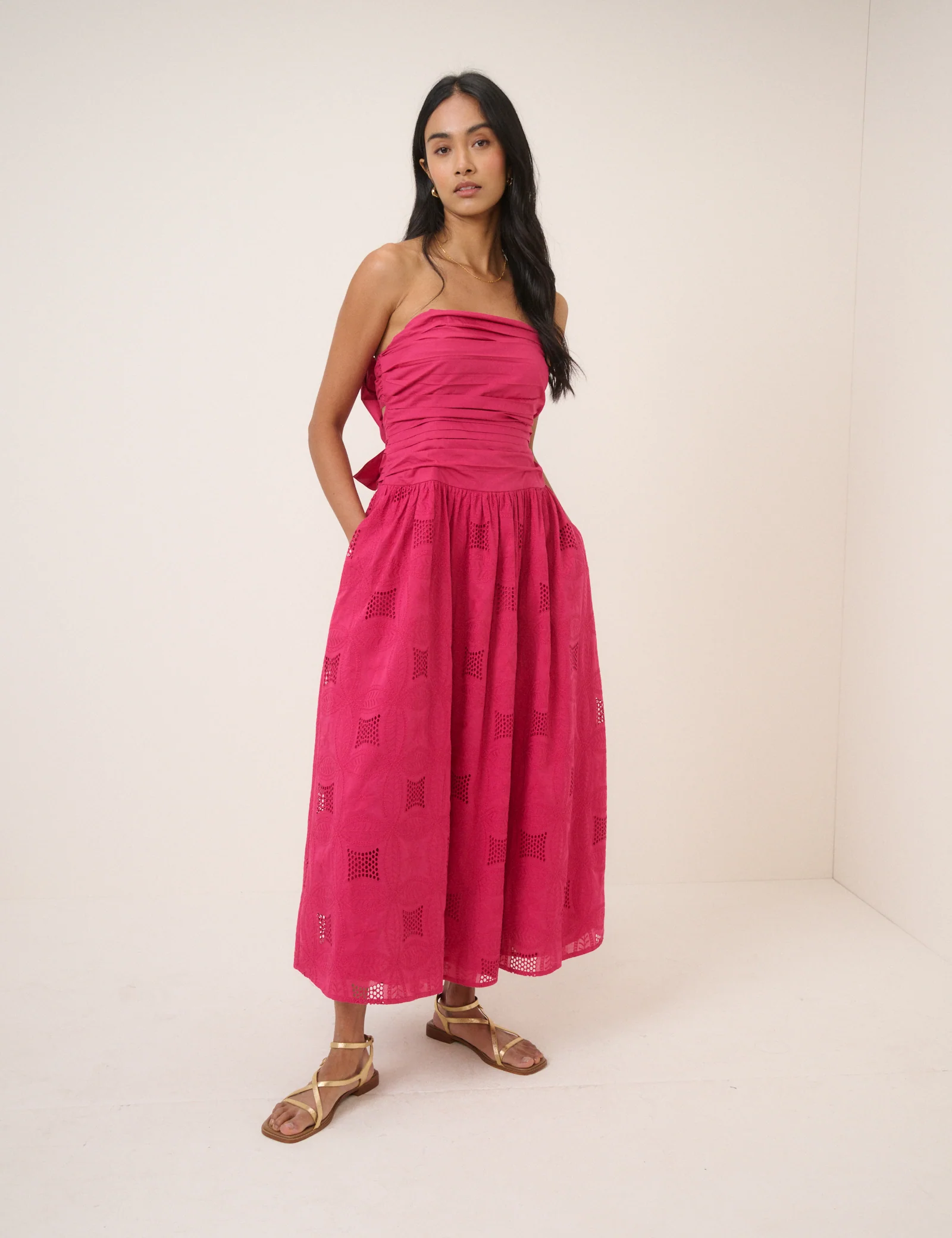 Pink Bandeau Broderie Anglaise Ariella Midi Dress - Image 3
