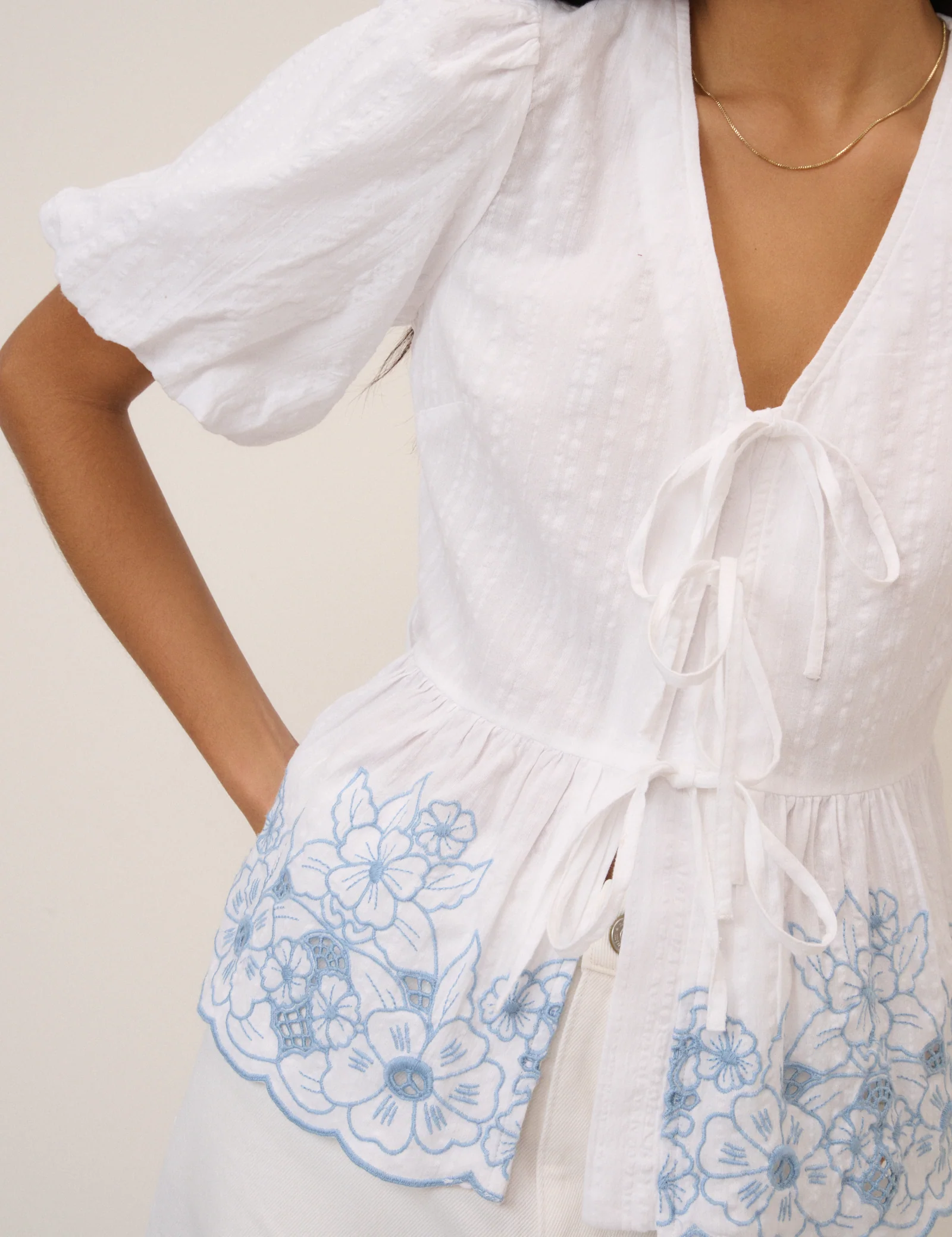 White Floral Embroidered Blouse - Image 4