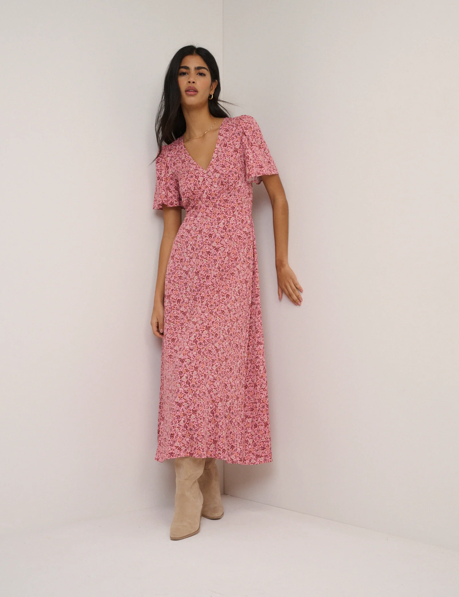 Pink Floral Atlas Midi Dress