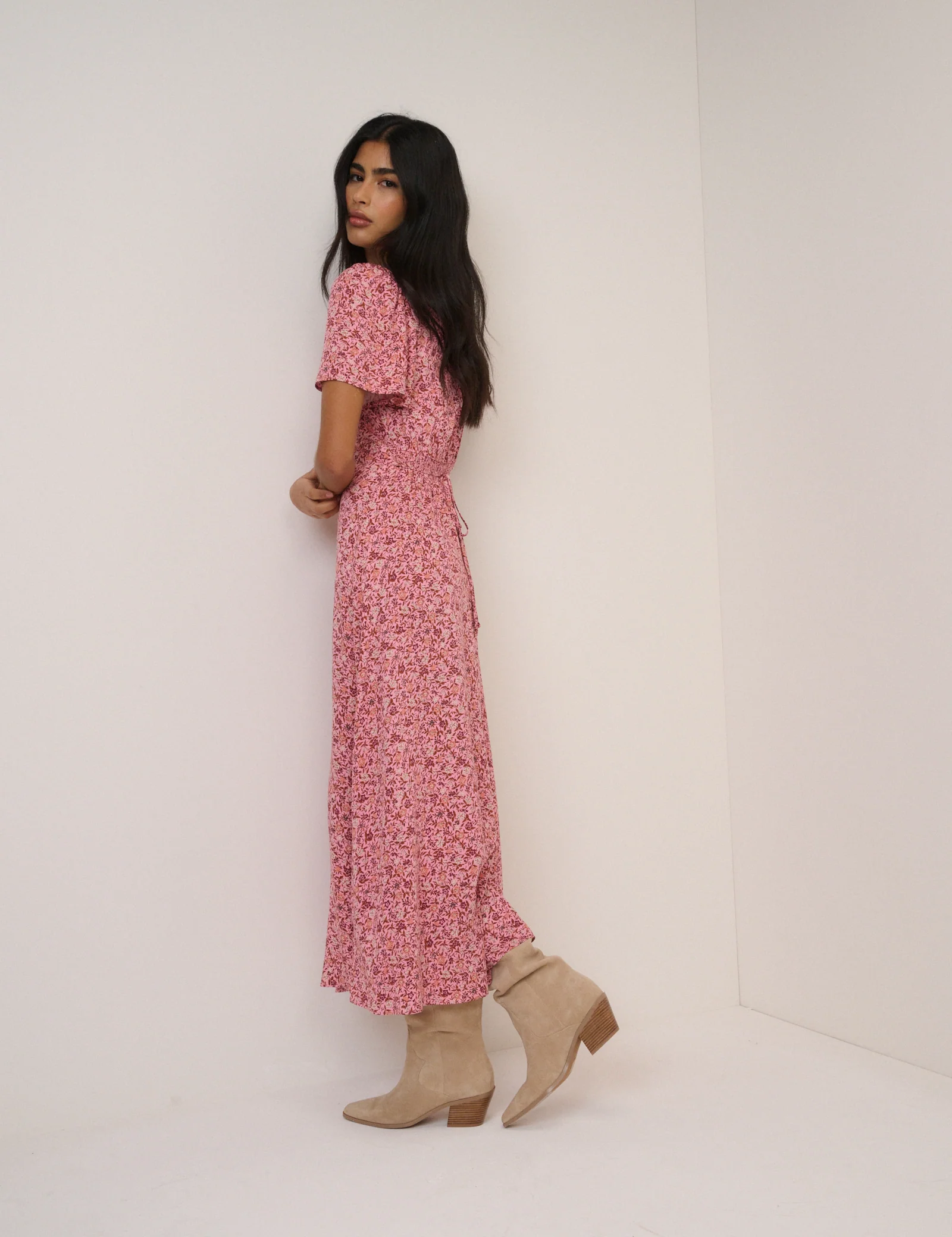 Pink Floral Atlas Midi Dress - Image 5