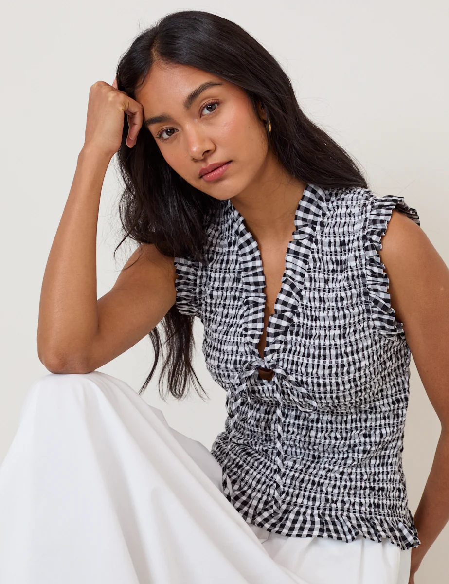 Black Gingham Shirred Top - Image 3