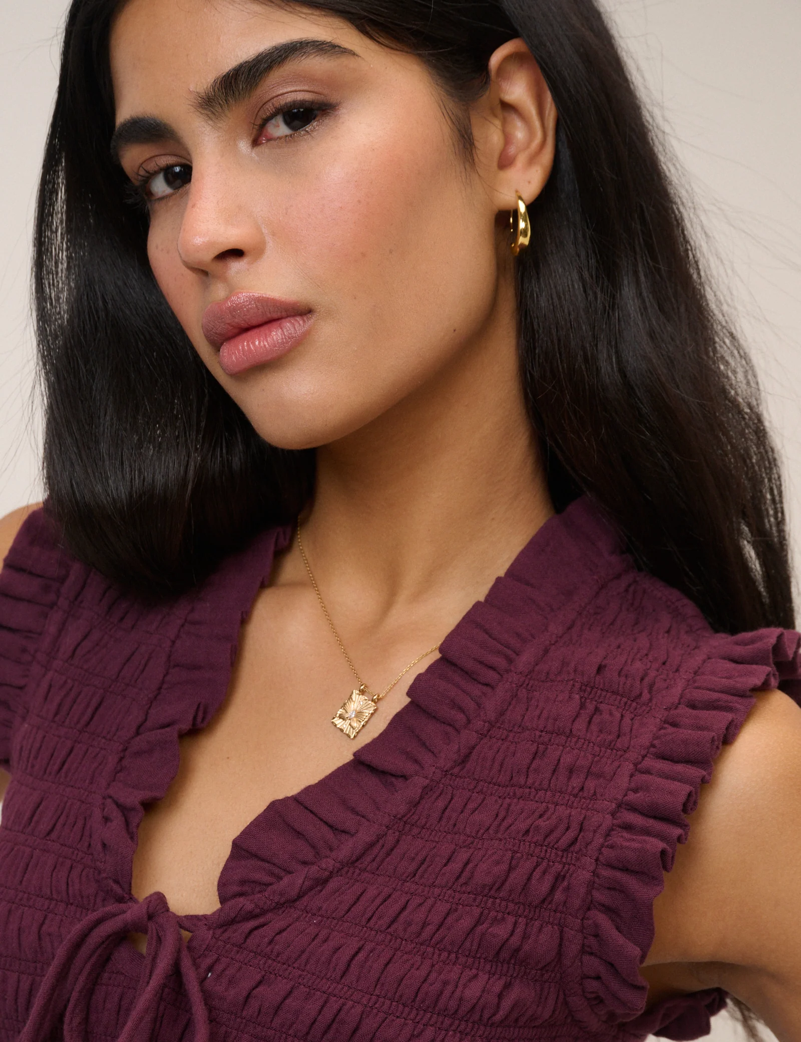 Purple Shirred V Neck Top - Image 3