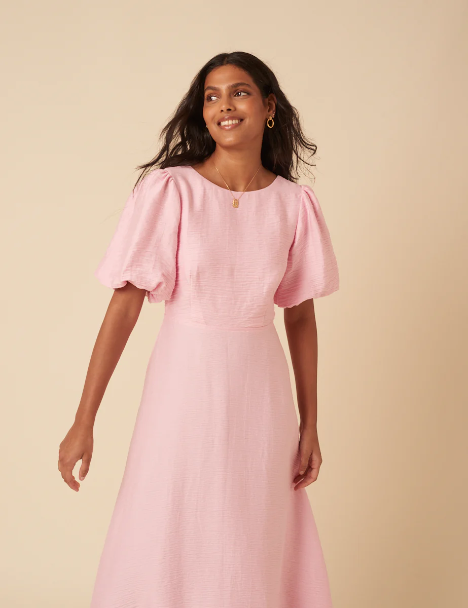 Baby Pink Puff Sleeve Zola Midi Dress - Image 3
