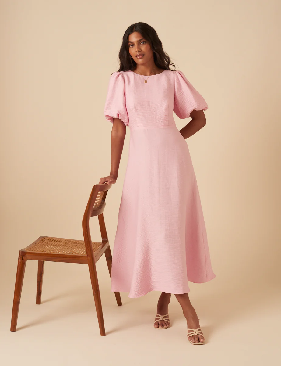 Baby Pink Puff Sleeve Zola Midi Dress - Image 5