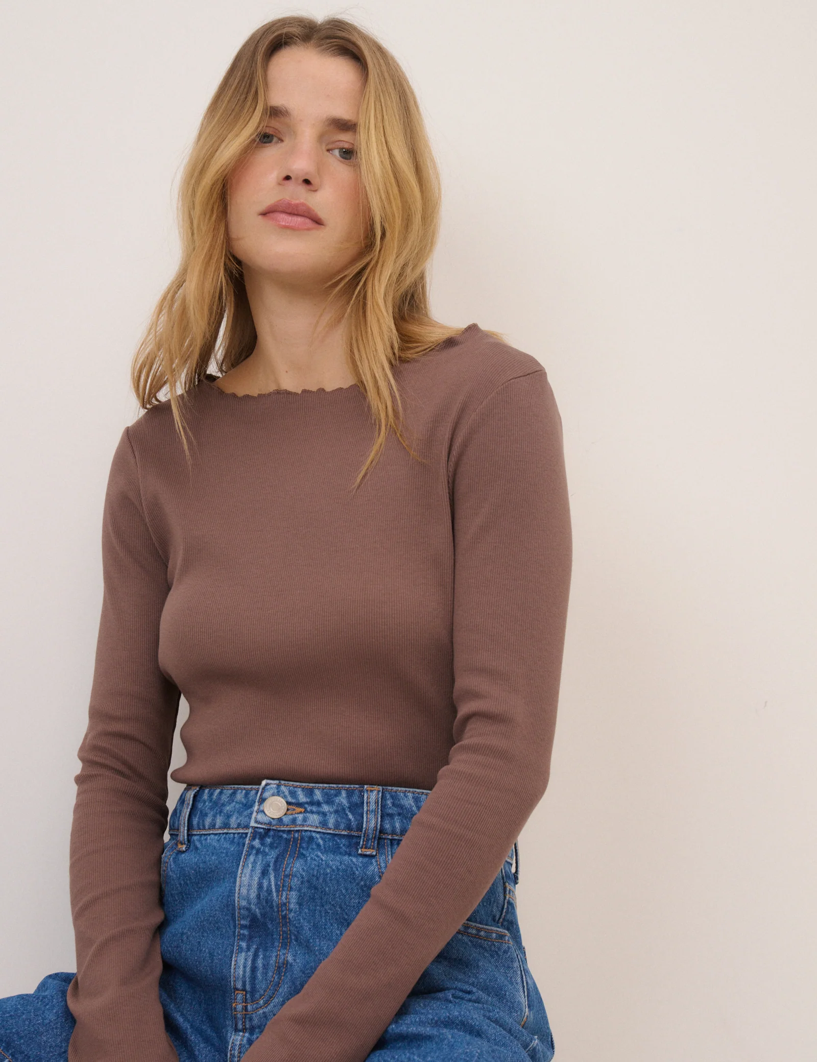 Brown Boat Neck Frill Ribbed Top