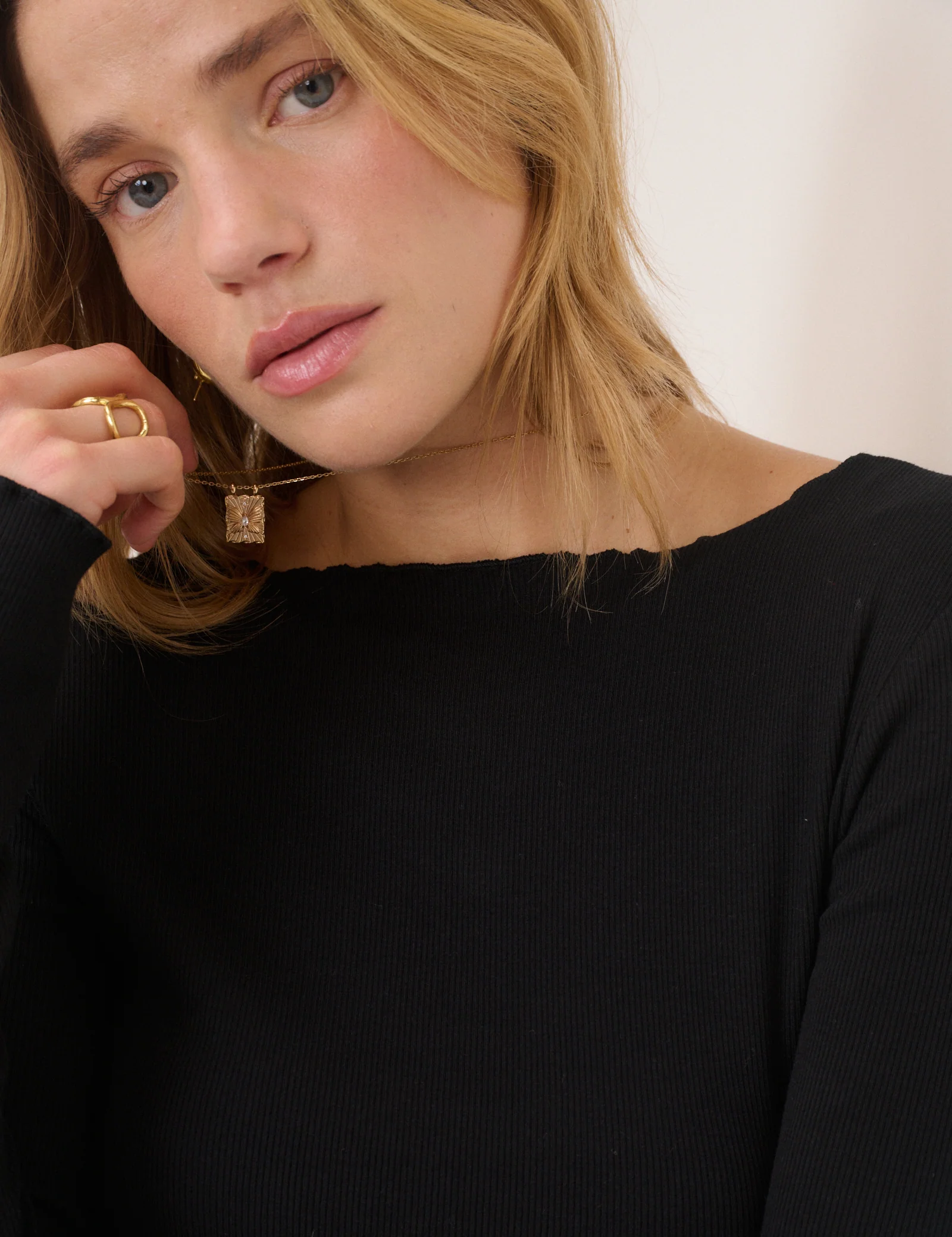 Black Boat Neck Frill Ribbed Top - Image 2