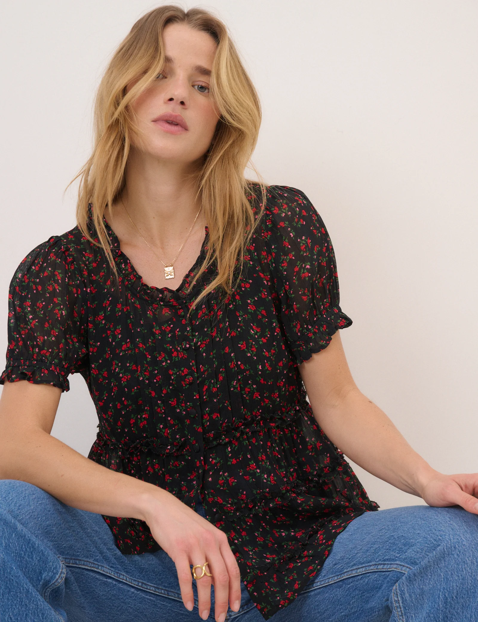 Black Floral Scoop Neck Top - Image 3