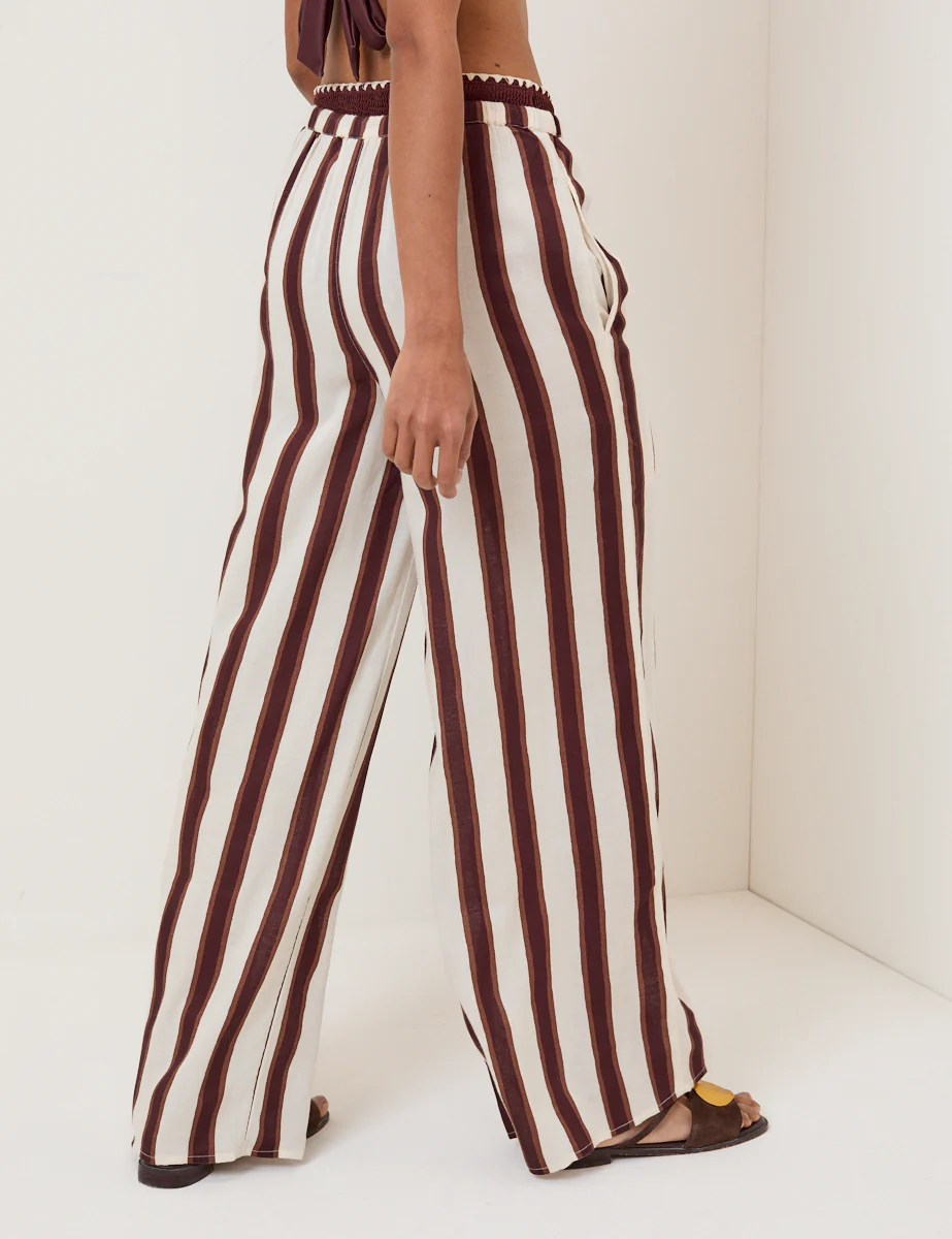 Brown Striped Linen-Blend Wide Leg Trousers - Image 5