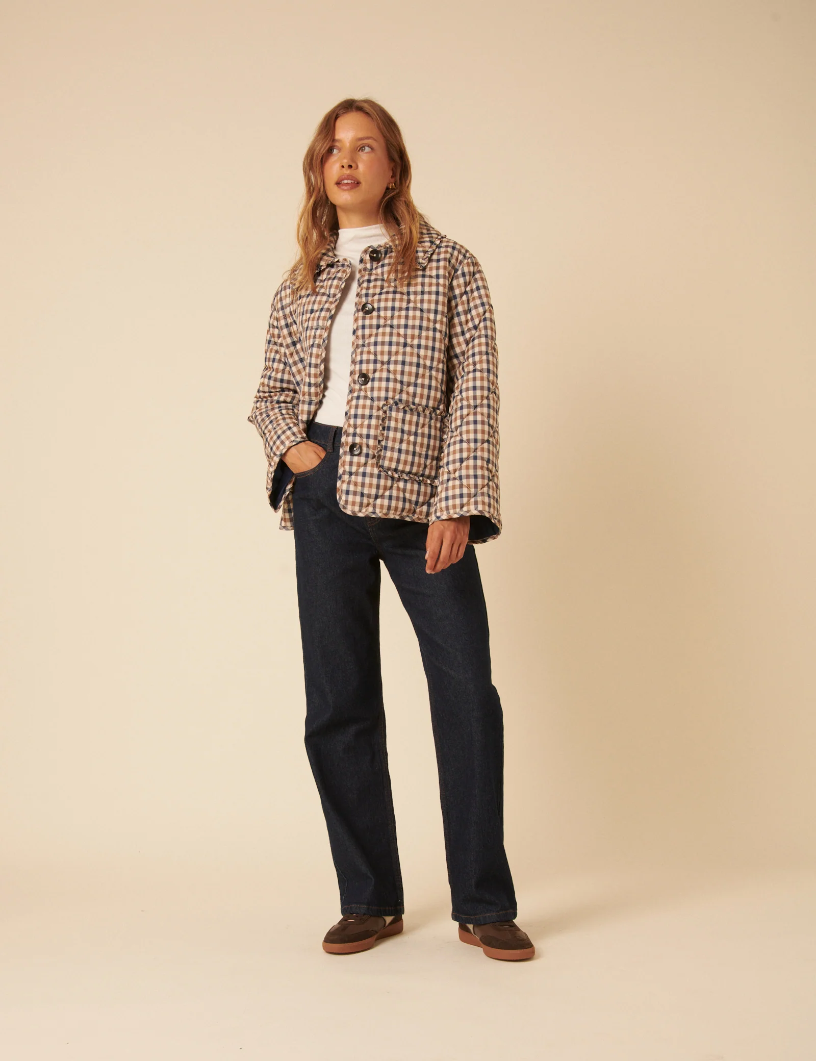 Beige Check Frill Quilted Jacket - Image 3