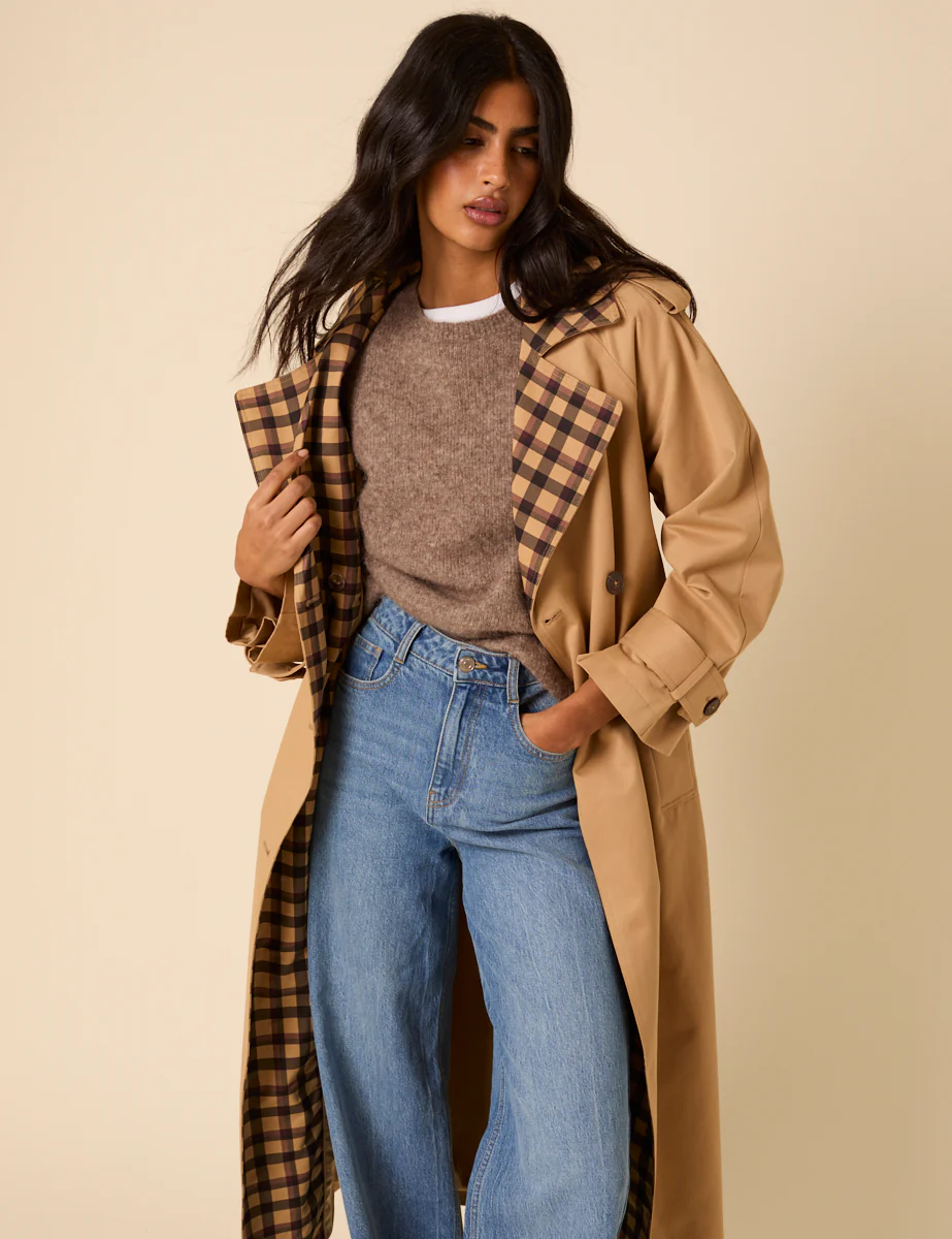 Camel Check Trim Trench Coat - Image 4