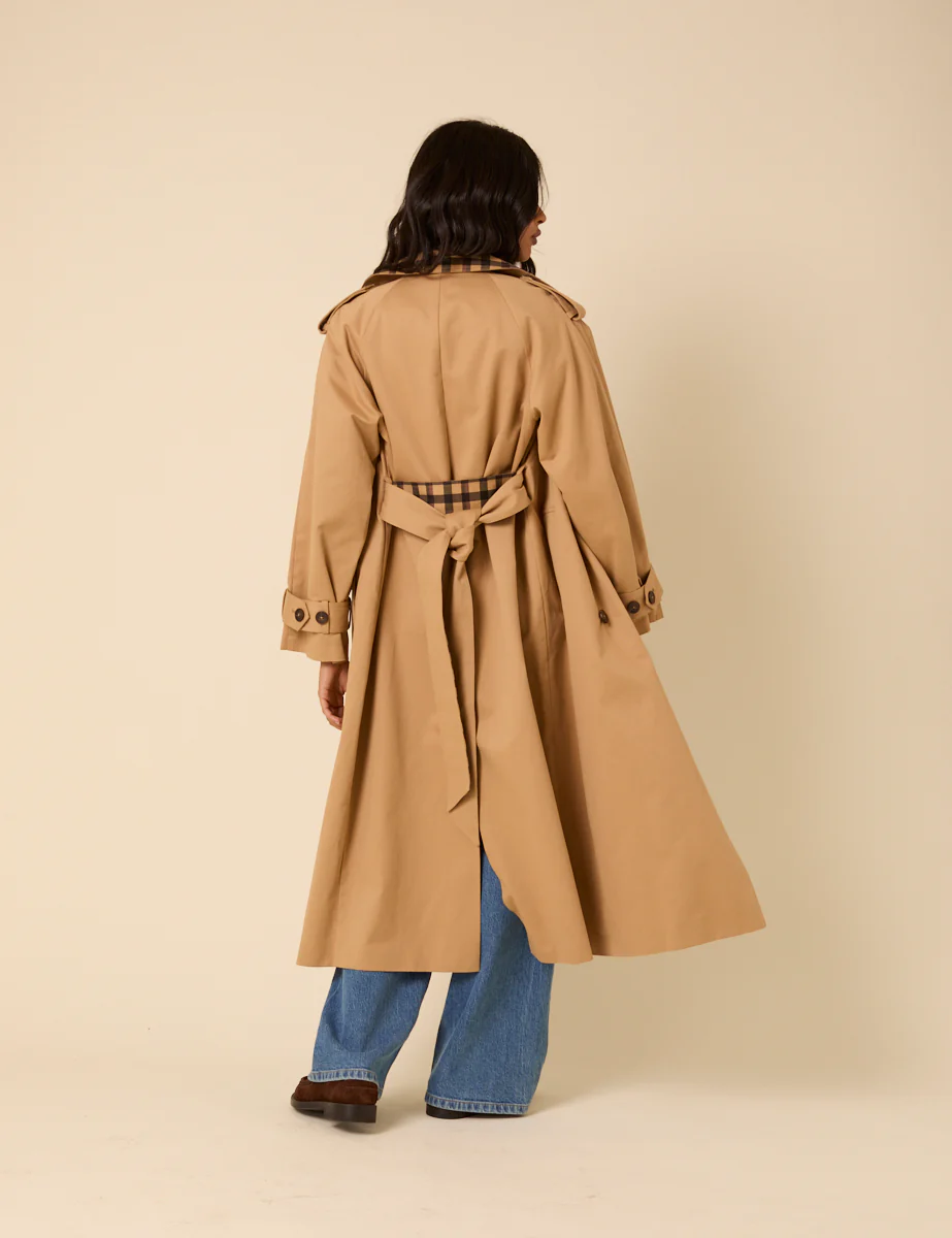 Camel Check Trim Trench Coat - Image 5