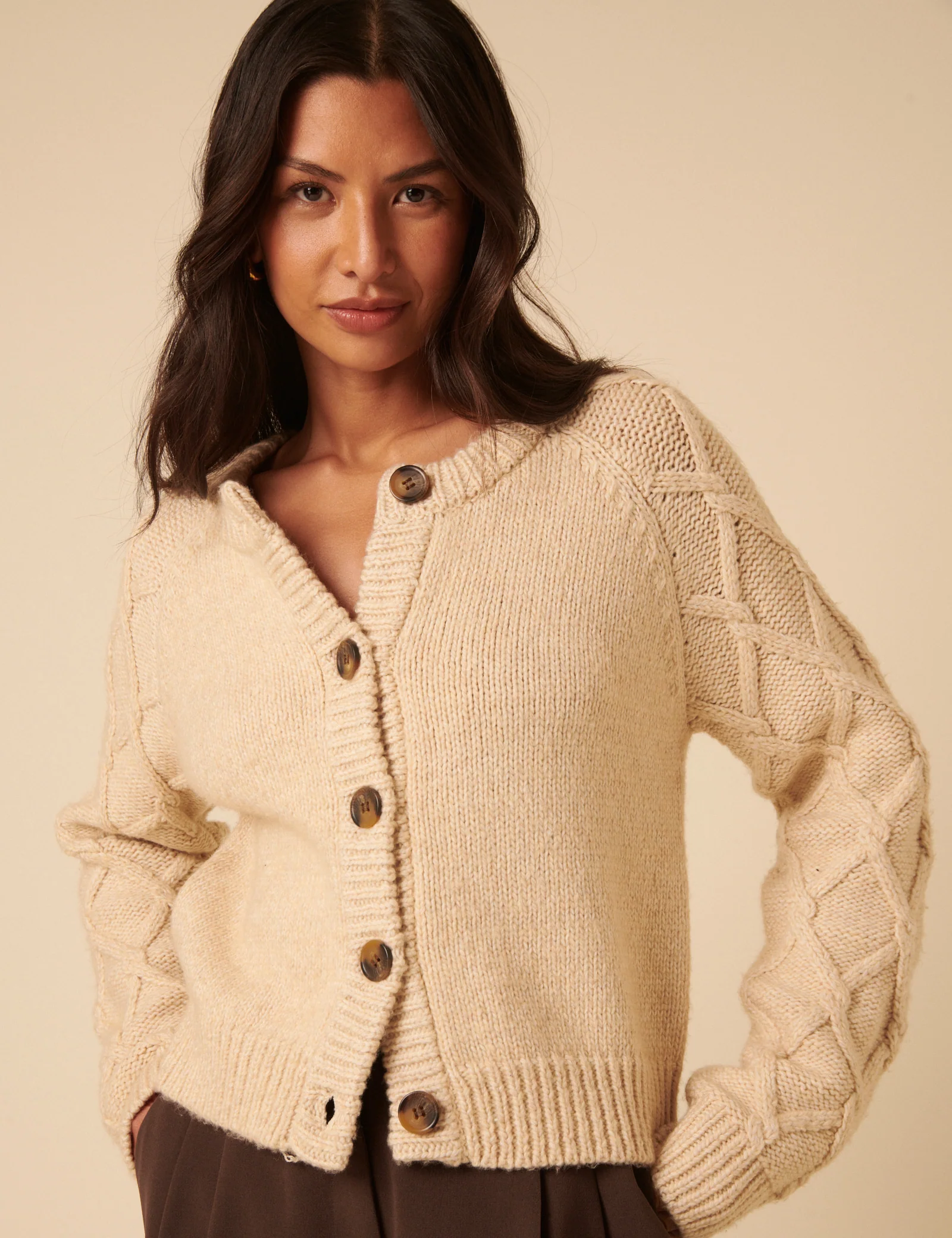 Beige Crew Neck Cable Detail Cardigan - Image 3