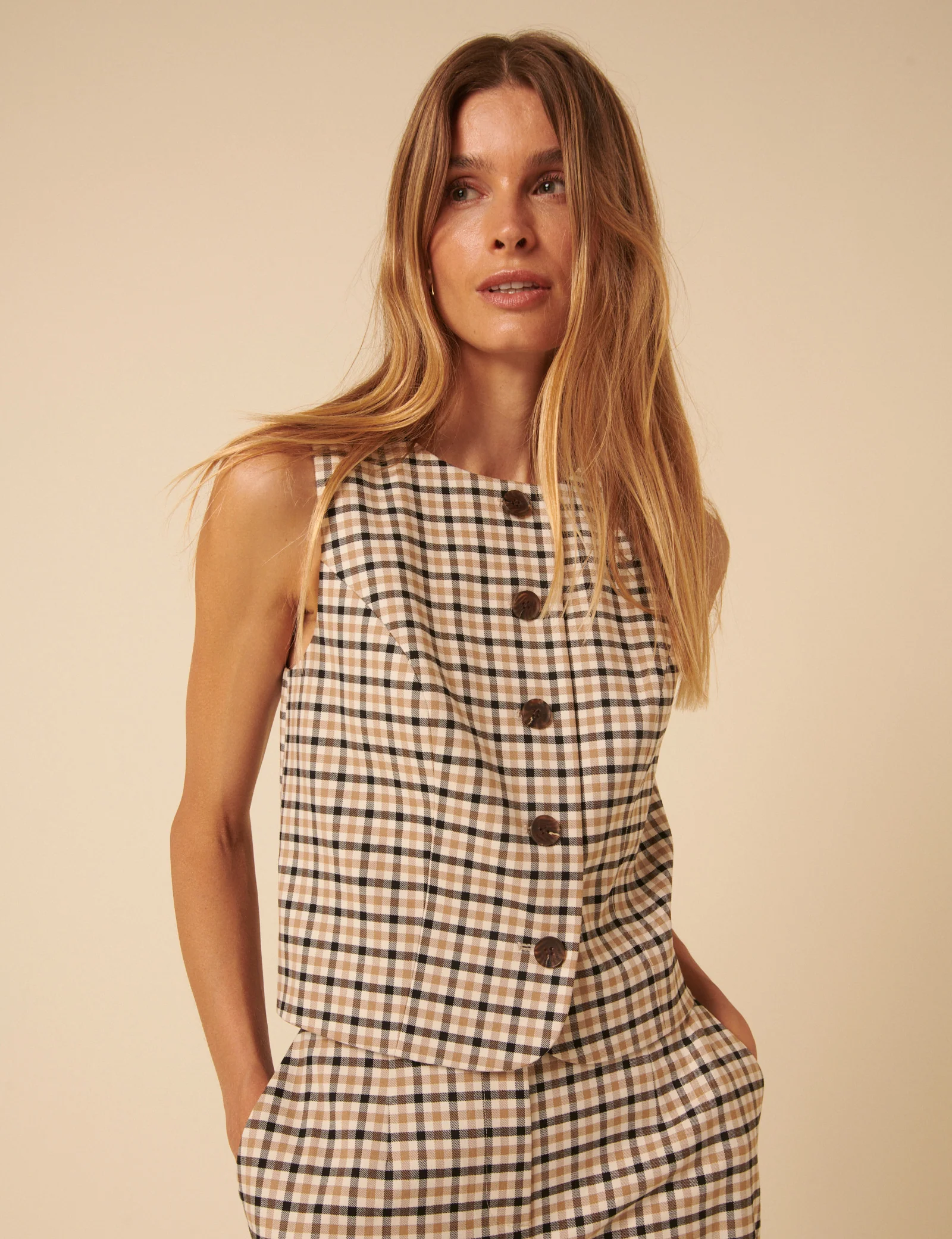 Beige Gingham Check Waistcoat - Image 3