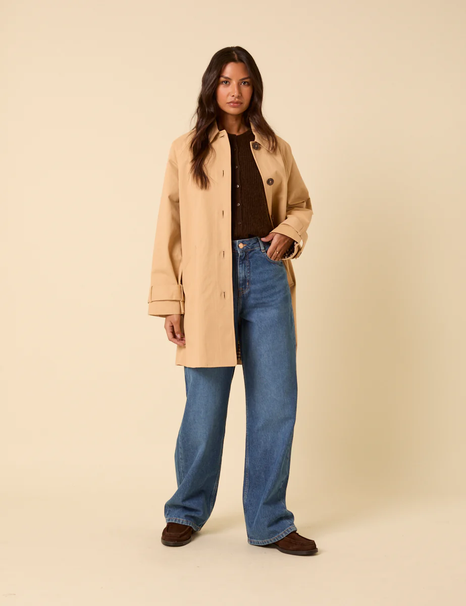 Camel Single Breasted Cropped Trench Coat - Image 2
