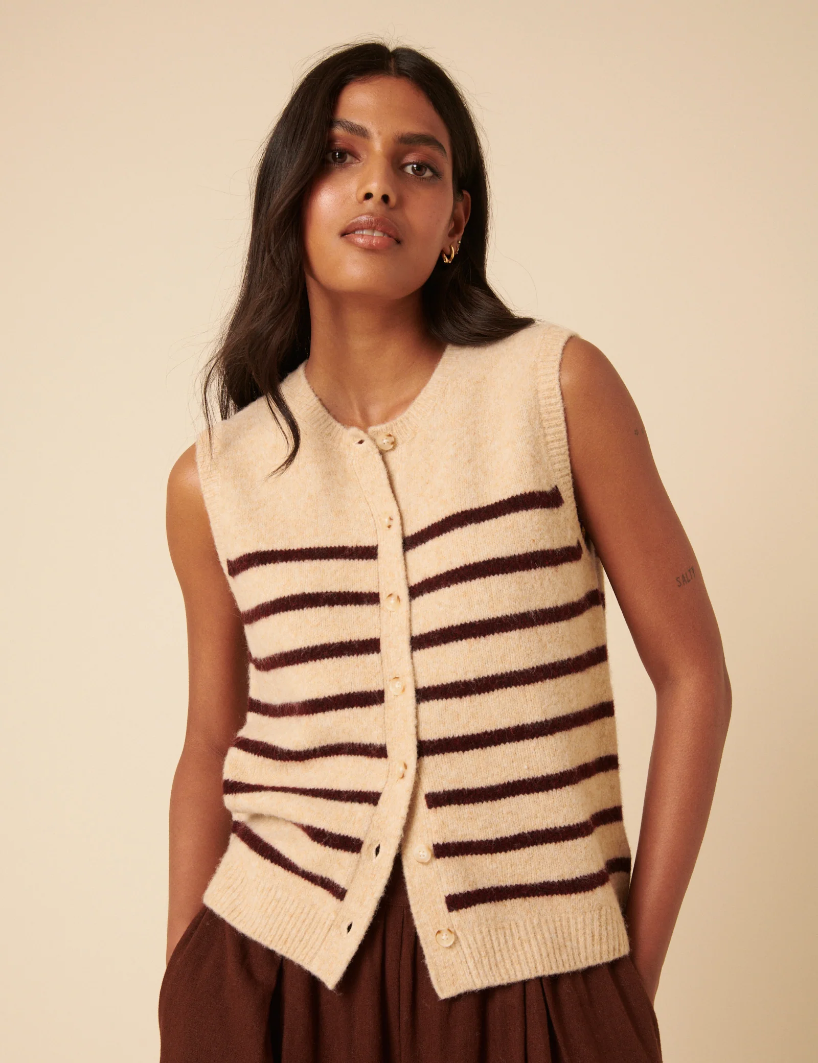 Beige Striped Button Through Knitted Vest - Image 2