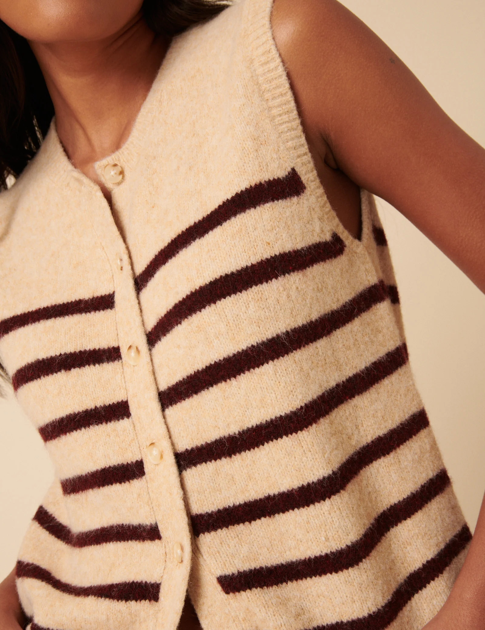 Beige Striped Button Through Knitted Vest - Image 3
