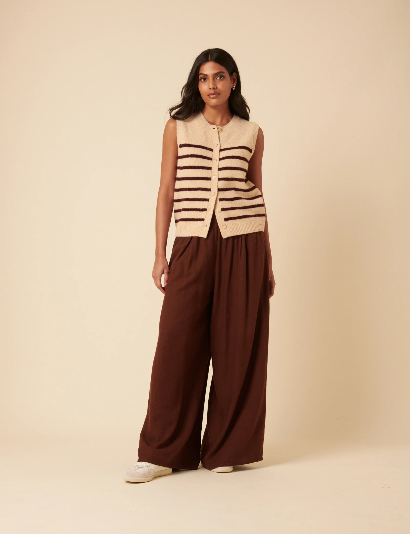 Beige Striped Button Through Knitted Vest - Image 4