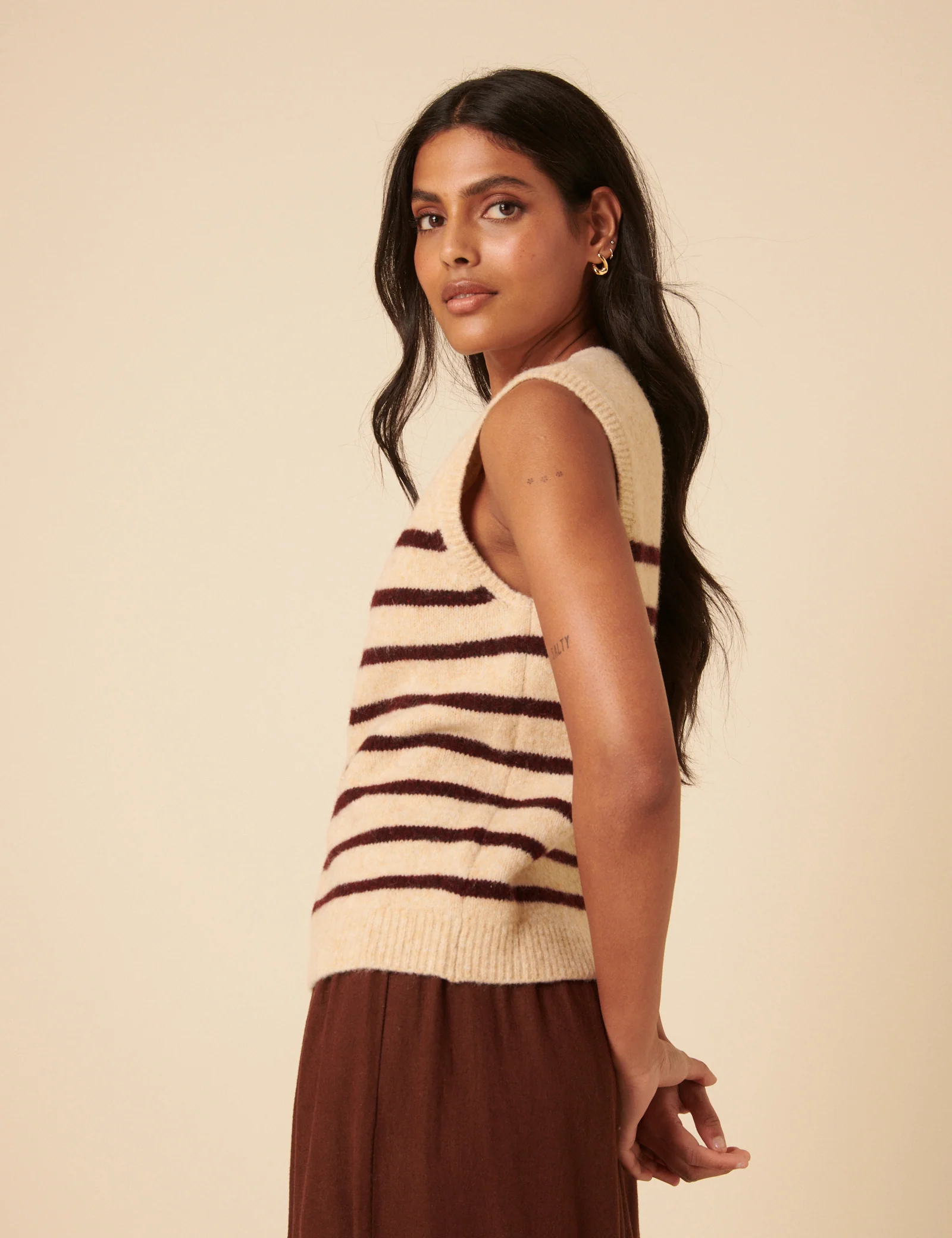 Beige Striped Button Through Knitted Vest - Image 5