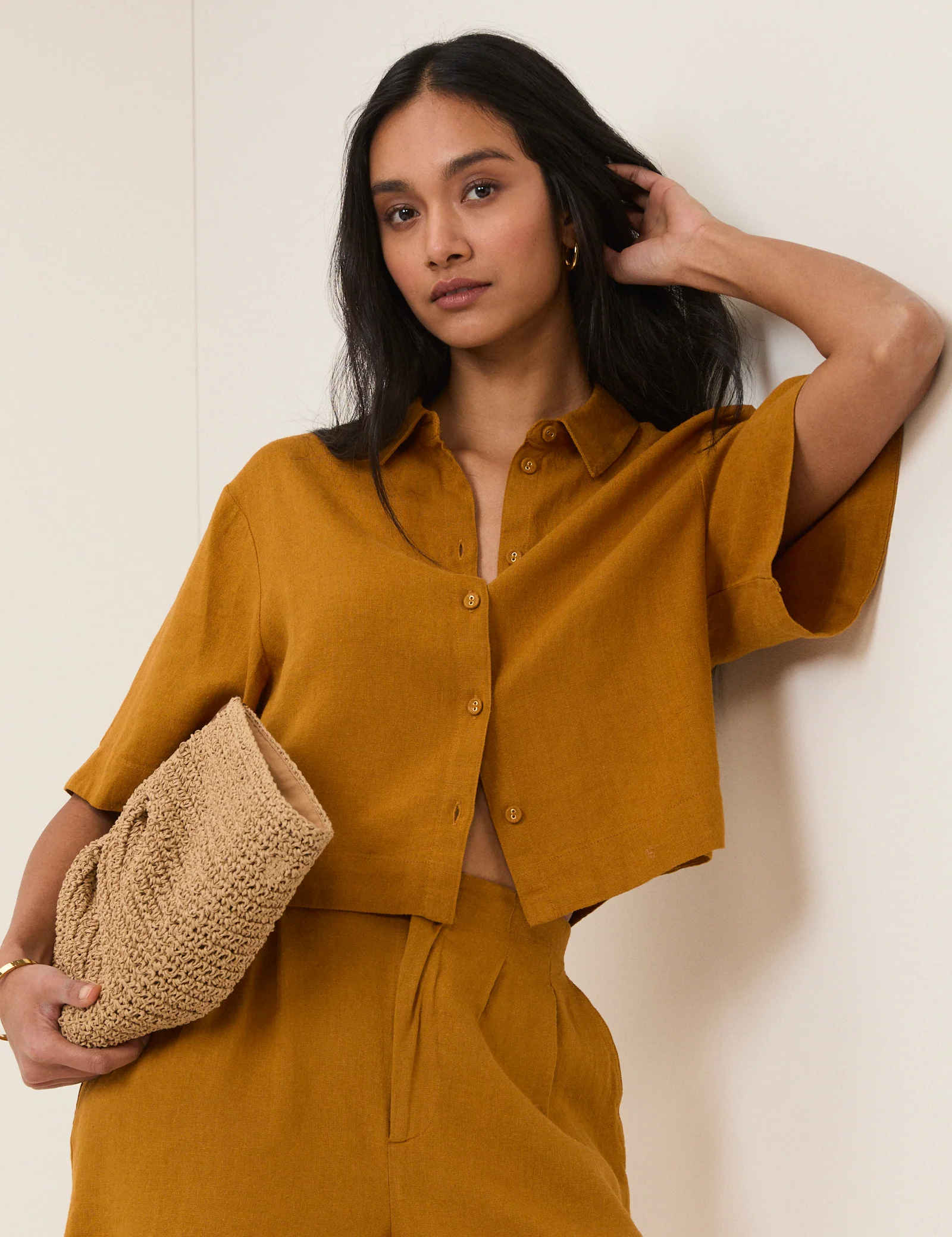 Orange Yellow Linen-Blend Cropped Shirt - Image 2