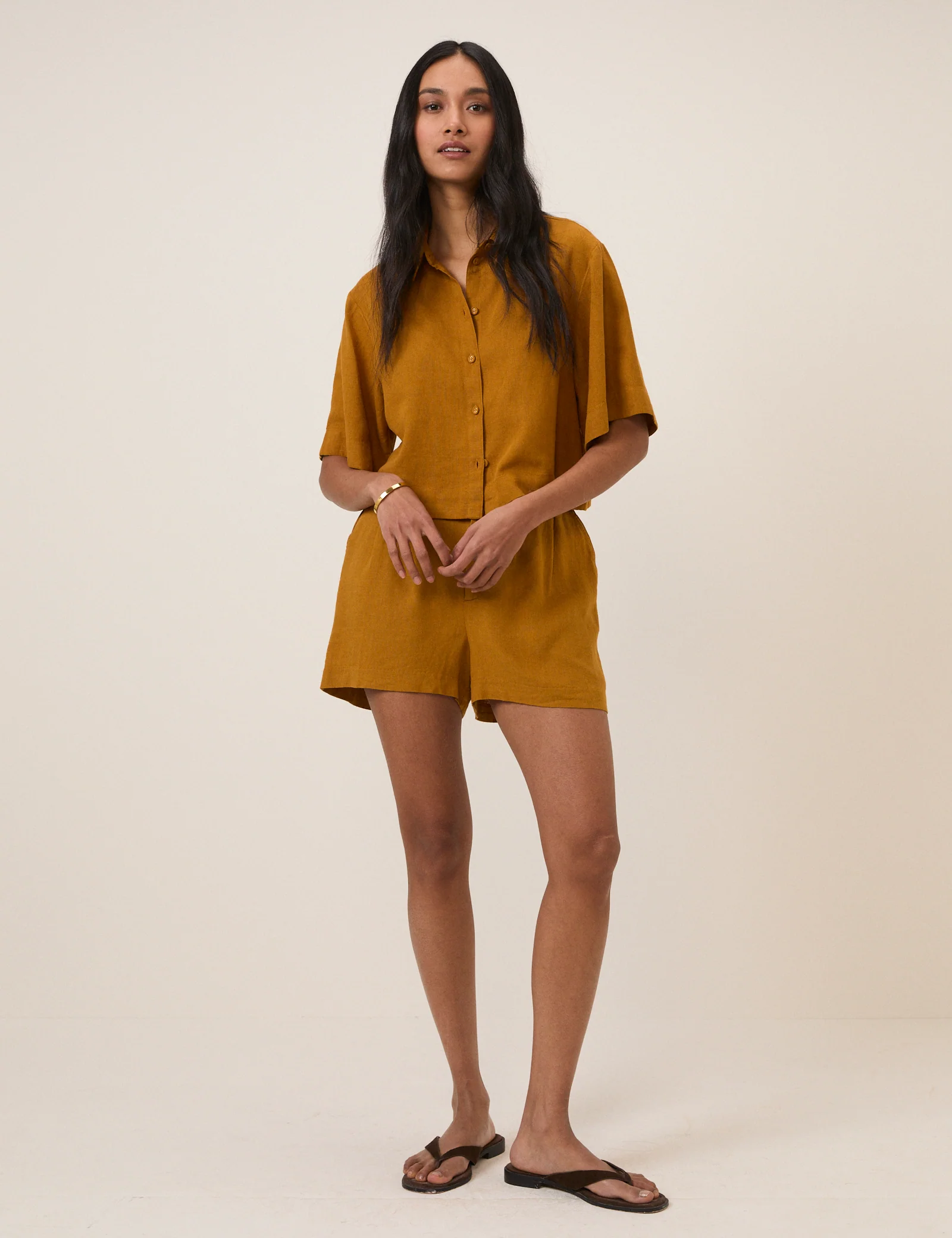 Orange Yellow Linen-Blend Cropped Shirt - Image 5
