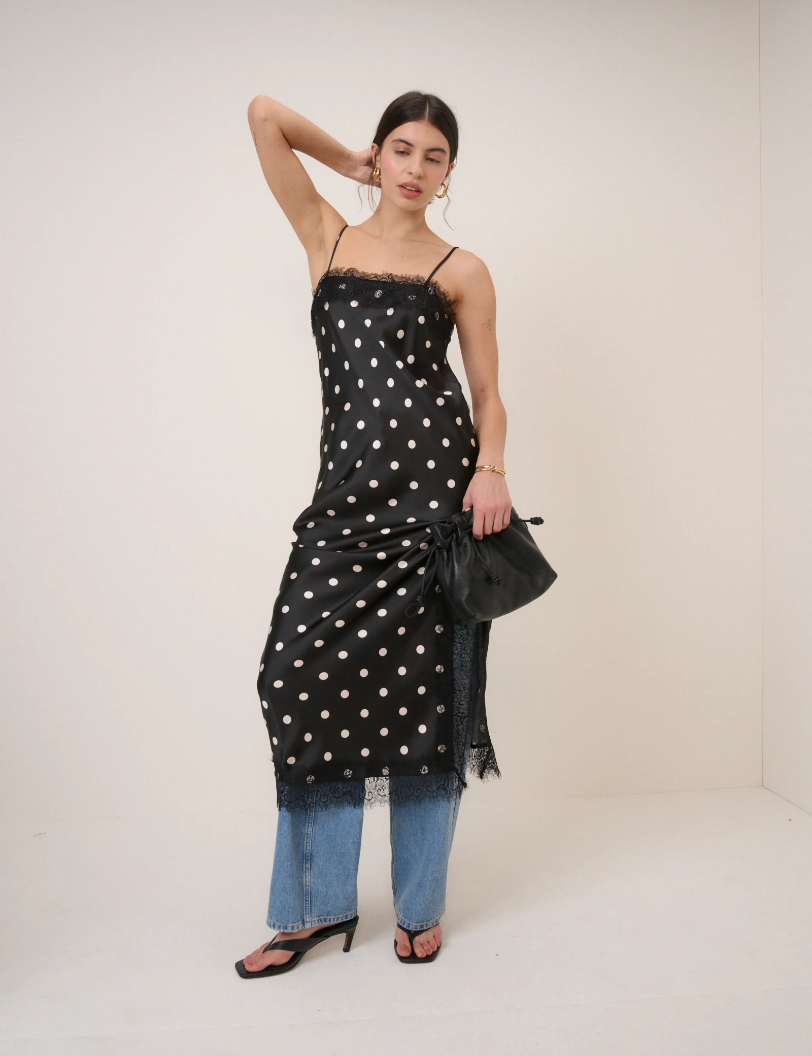 Black Polka Dot Betsie Lace Trim Midi Column Dress - Image 5