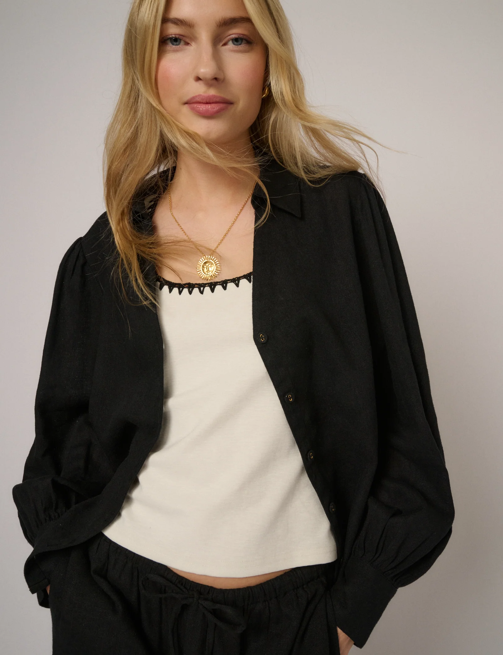 Black Linen-Blend Blouse - Image 2