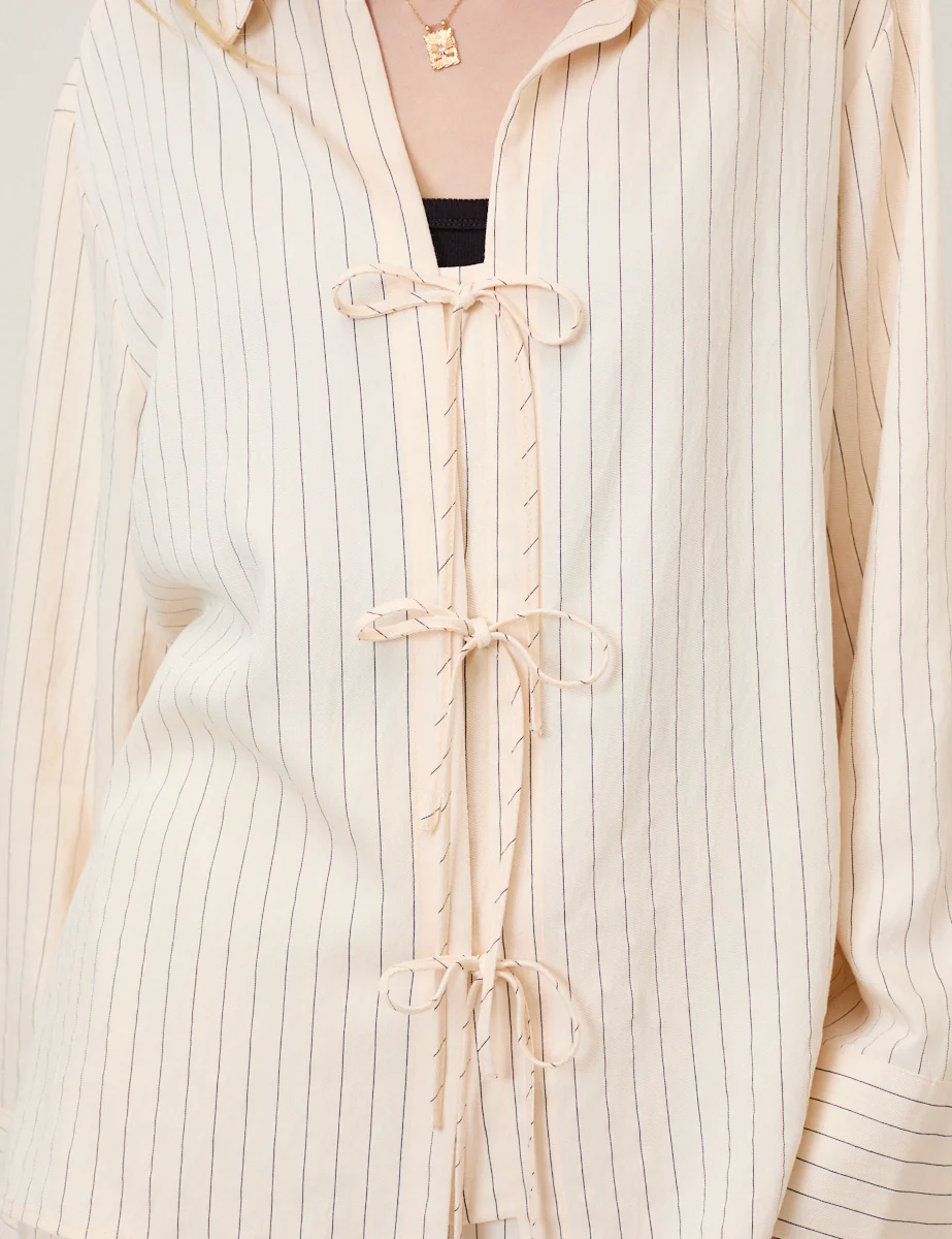 Cream Pinstripe Tie Front Shirt - Image 2