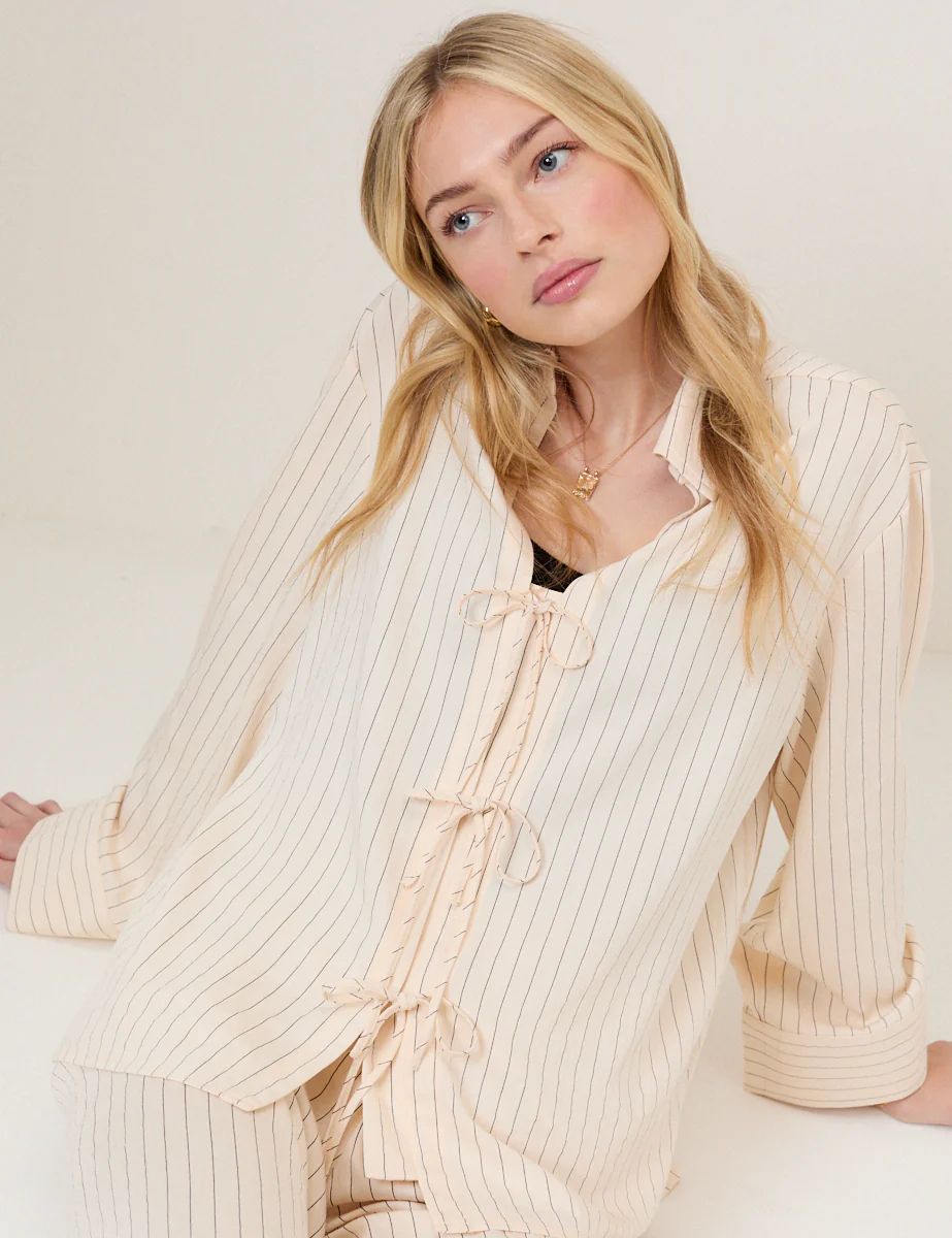 Cream Pinstripe Tie Front Shirt - Image 5