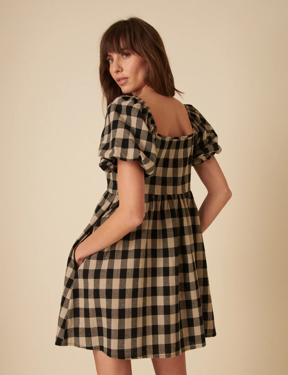 Black And Beige Check Puff Sleeve Mini Dress - Image 3