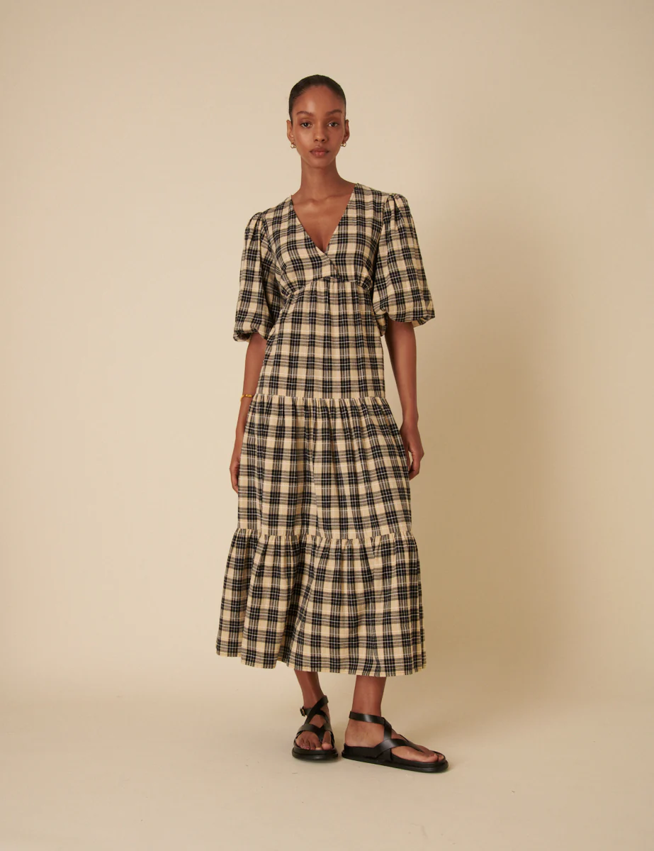 Black And Beige Check Puff Sleeve Tiered Roselena Midi Dress - Image 3