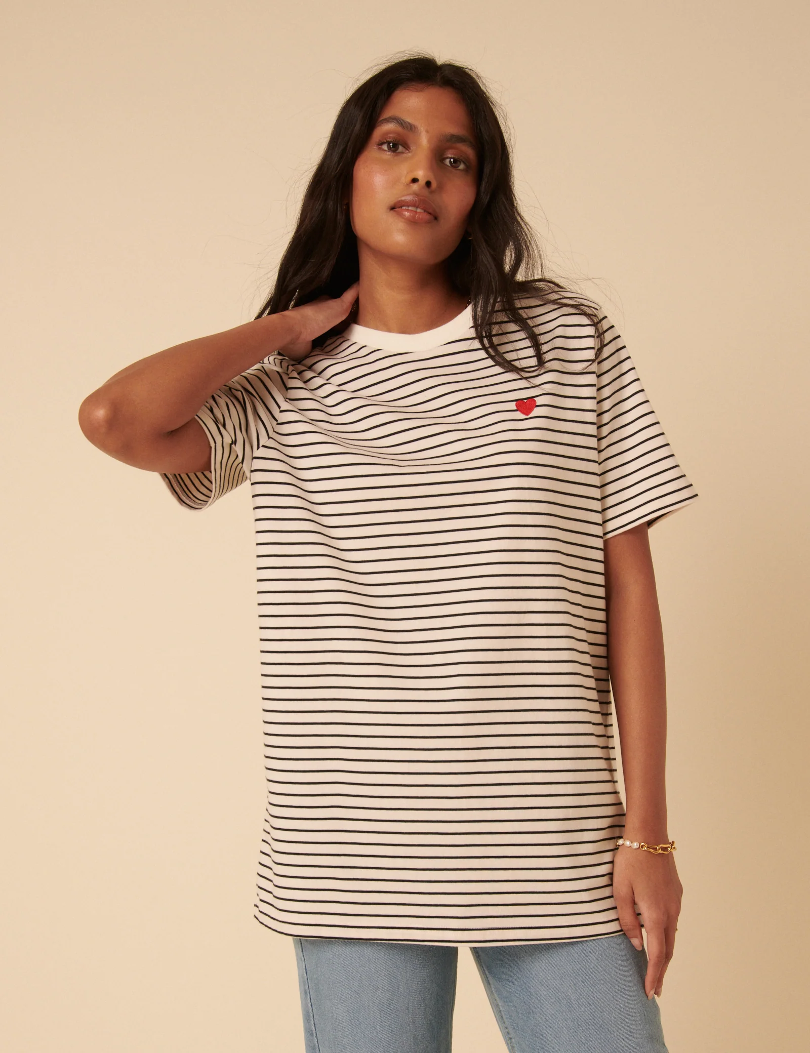 Black And White Striped Heart Embroidered T-Shirt - Image 3