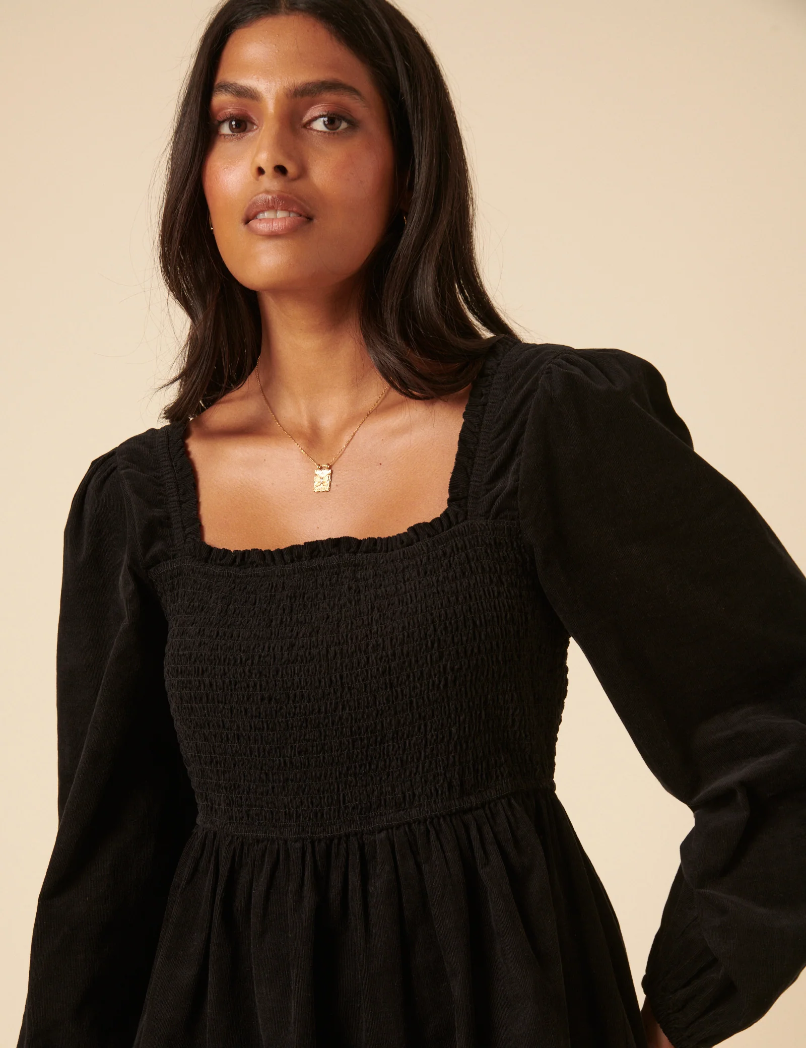 Black Balloon Sleeve Cord Tiered Elsa Mini Dress - Image 3
