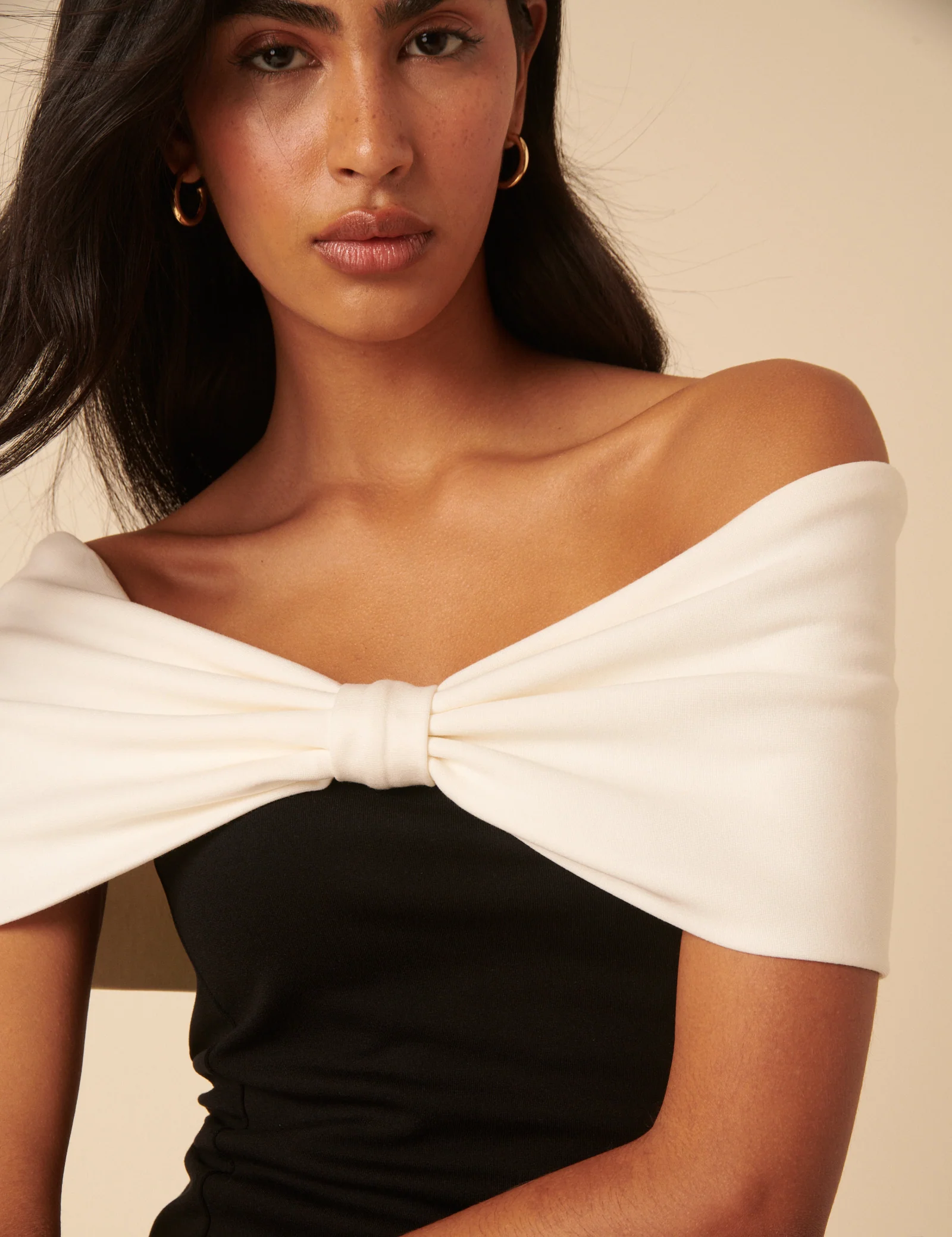 Black Bow Off Shoulder Contrast Top - Image 2