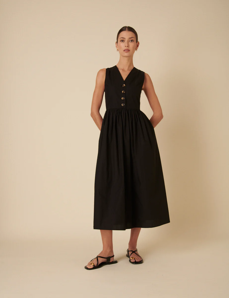 Black Button Down A-line Oak Midi Dress - Image 3