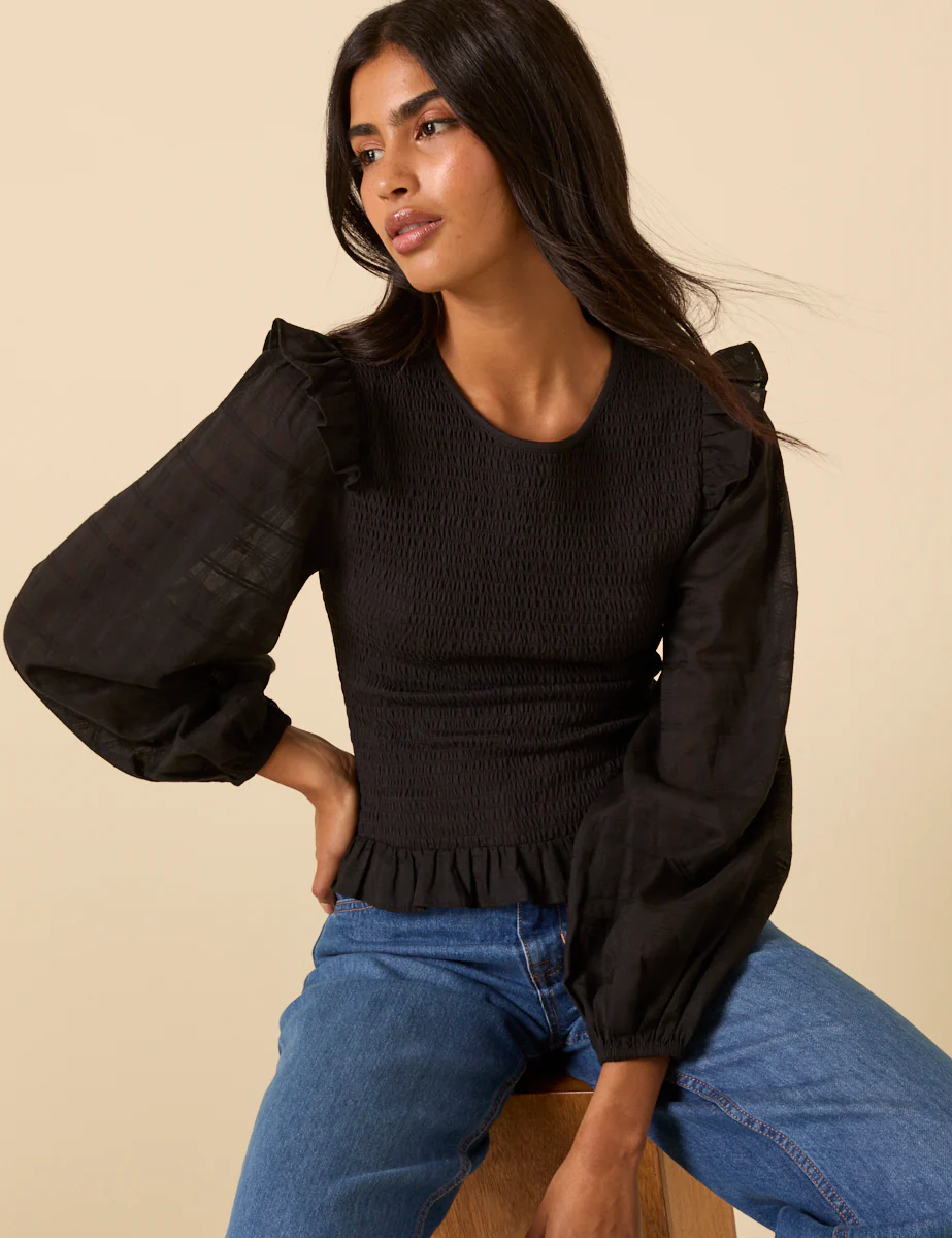 Black Balloon Sleeve Frill Top - Image 4