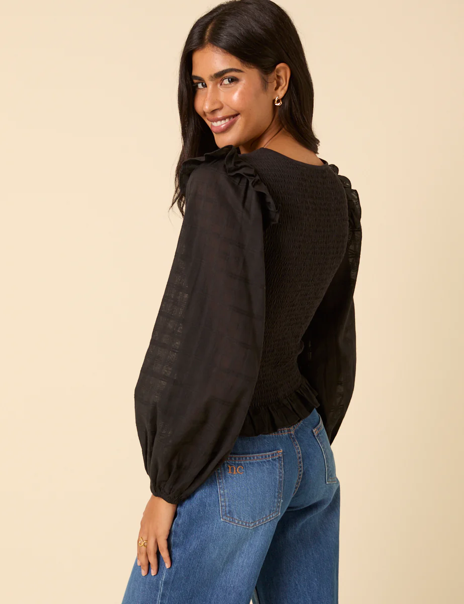 Black Balloon Sleeve Frill Top - Image 5
