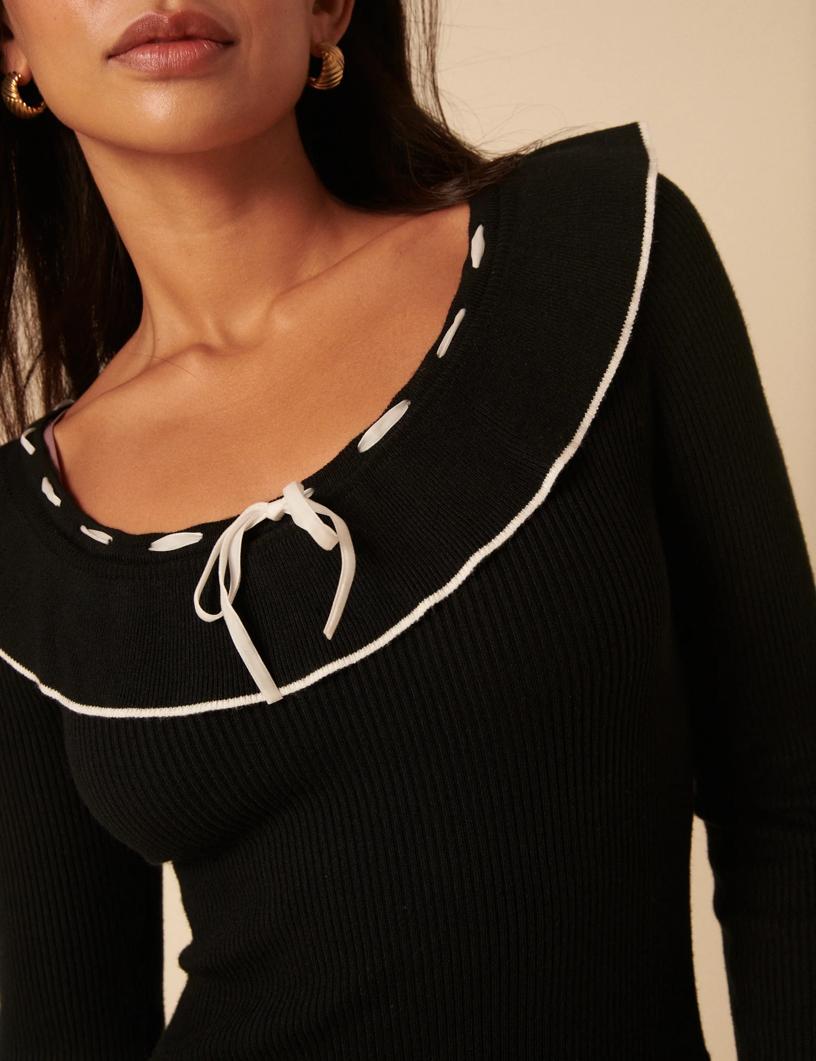 Black Collared Long Sleeve Knitted Mini Dress - Image 3