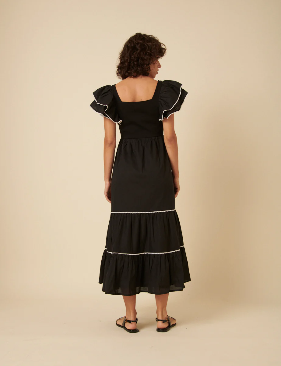 Black Contrast Trim Frill Shoulder Midi Dress - Image 4