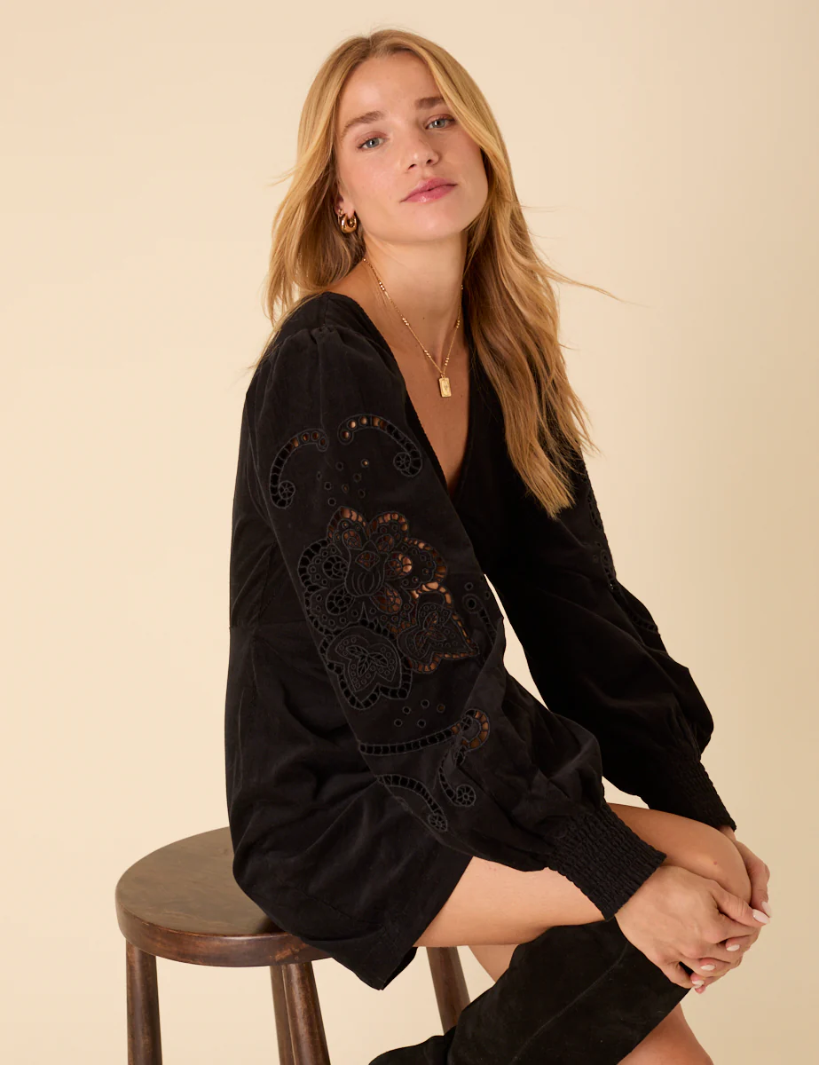 Black Cord Balloon Sleeve Bree Mini Dress