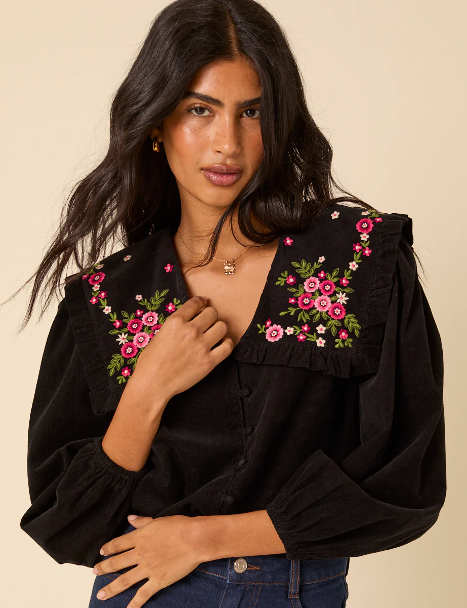 Black Cord Floral Embroidered Oversized Ruffle Collar Blouse - Image 2