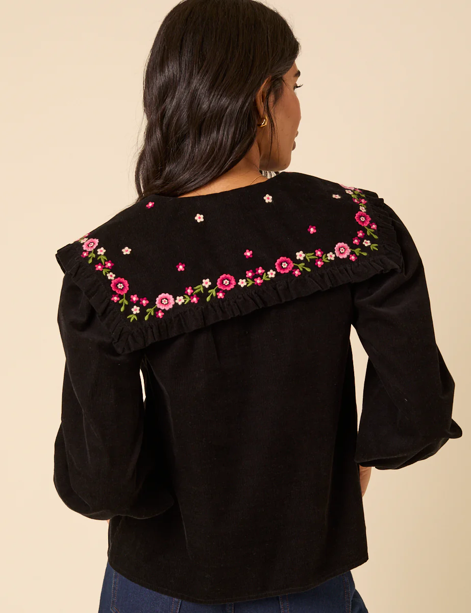 Black Cord Floral Embroidered Oversized Ruffle Collar Blouse - Image 5