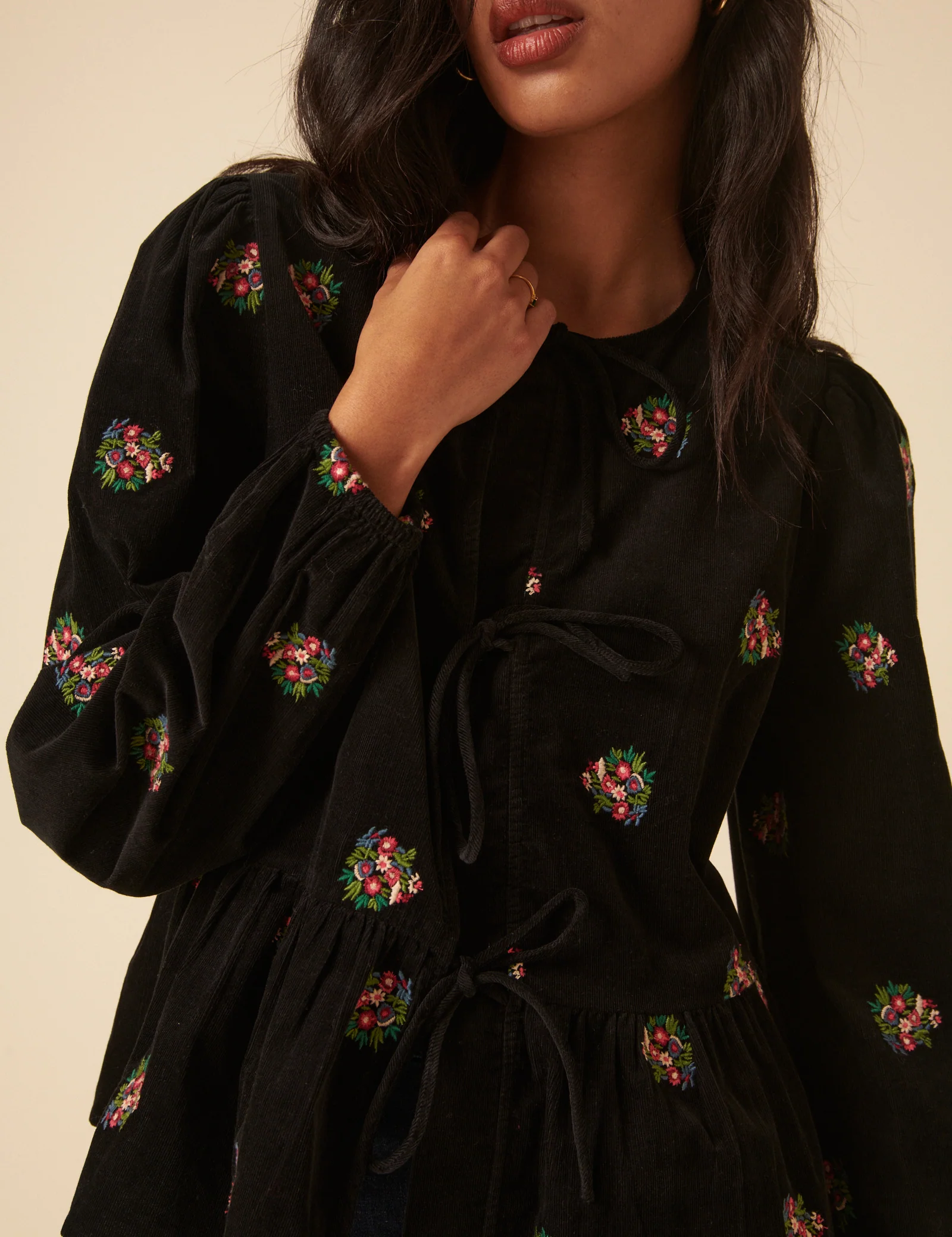 Black Cord Floral Embroidered Tie Front Blouse - Image 2