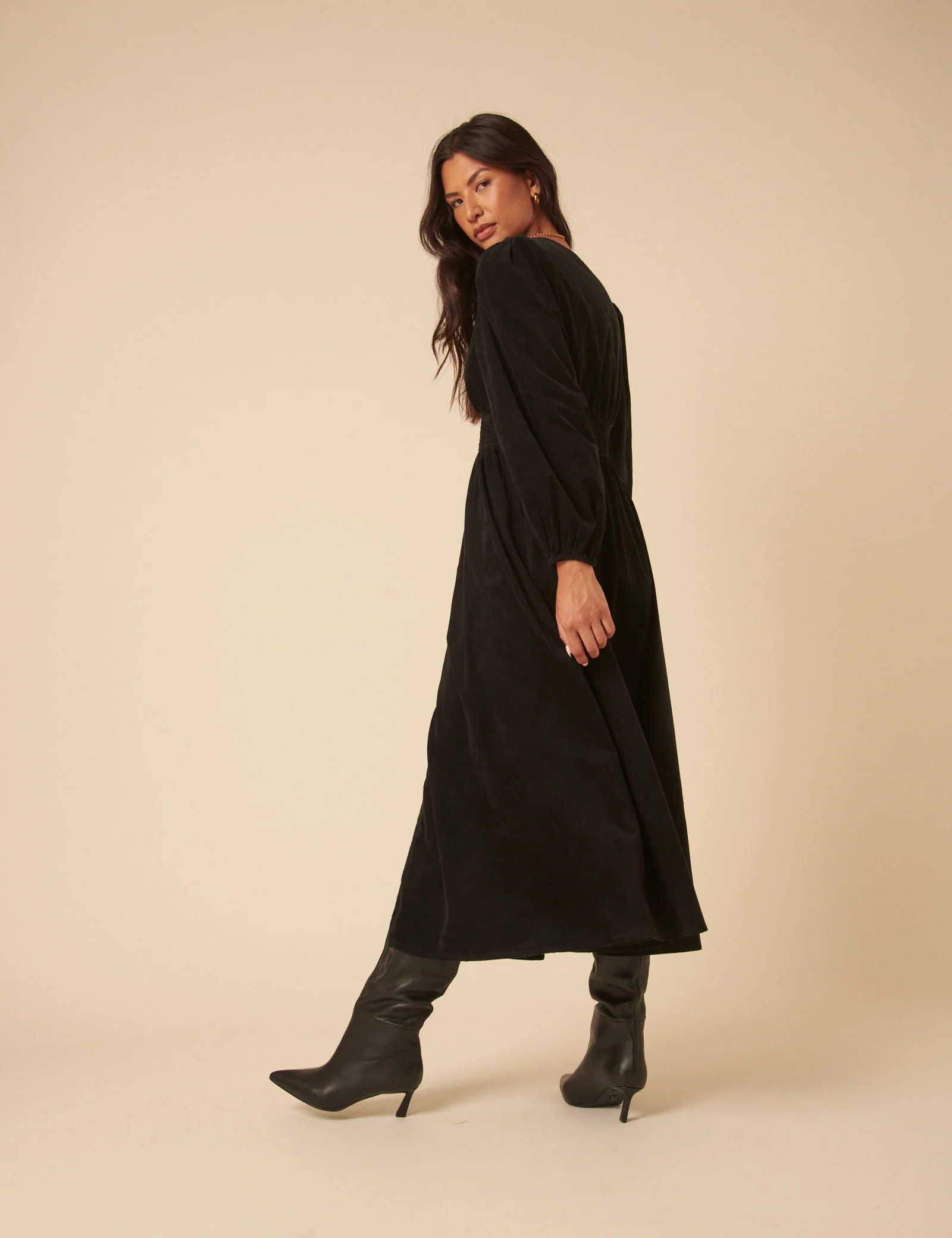 Black Cord Long Sleeve Riley Midi Dress - Image 4