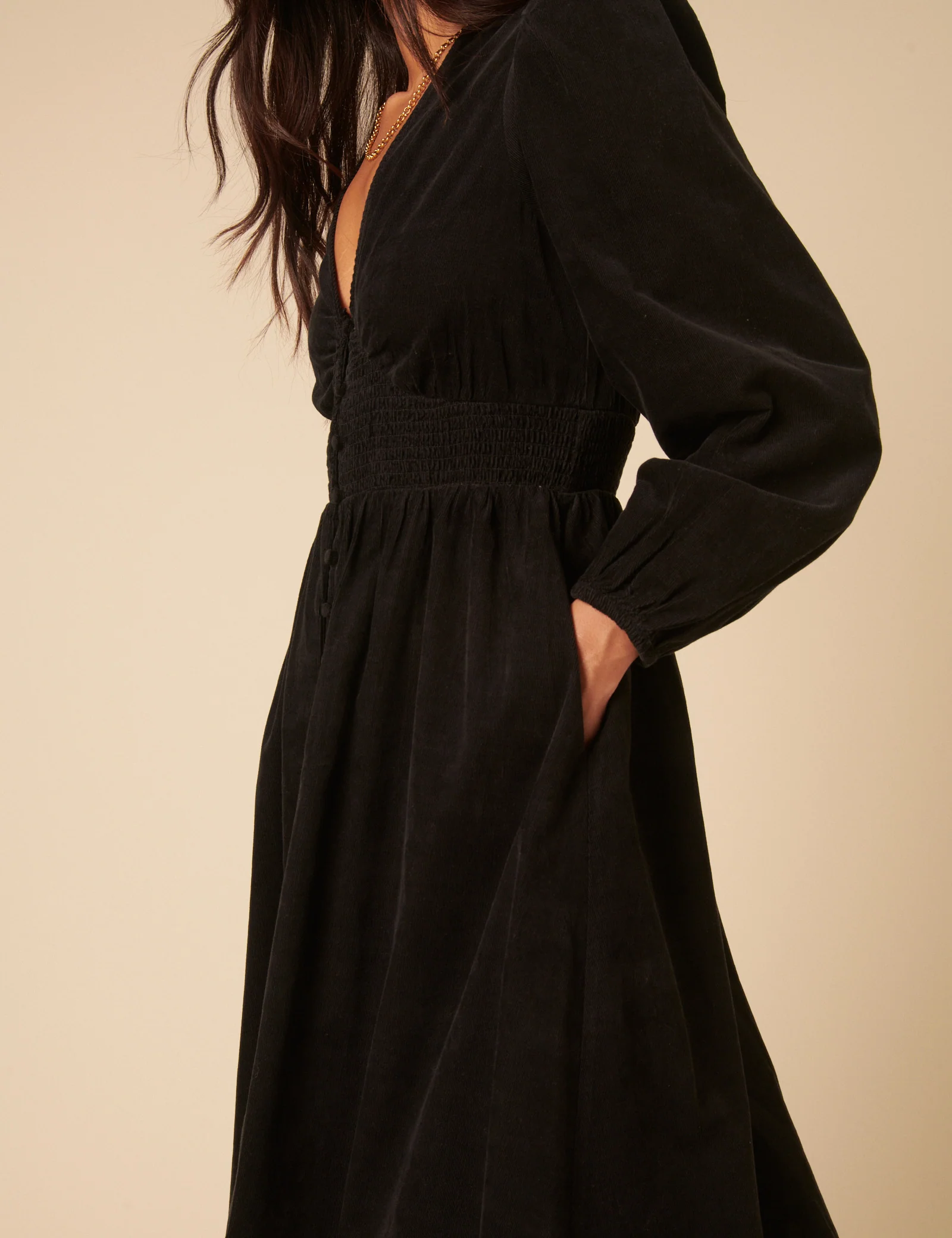 Black Cord Long Sleeve Riley Midi Dress - Image 5