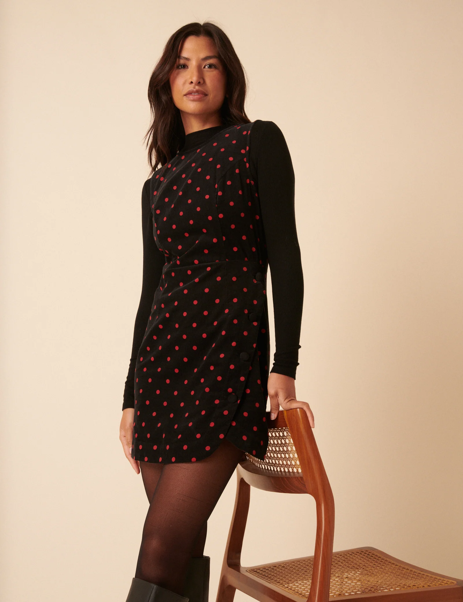 Black Cord Polka Dot Birch Mini Pinafore Dress - Image 4