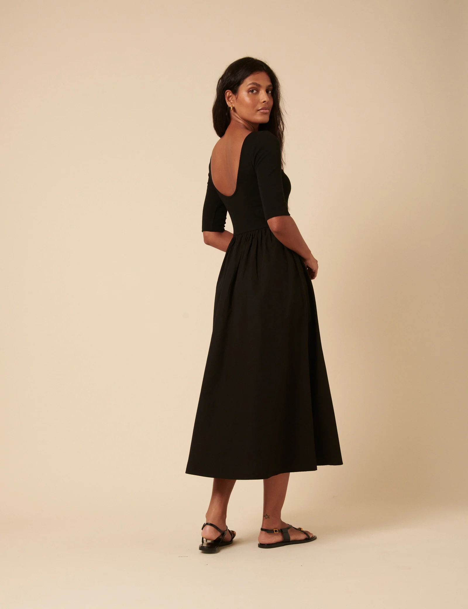 Black Cropped Sleeve A-Line Penni Midi Dress - Image 5